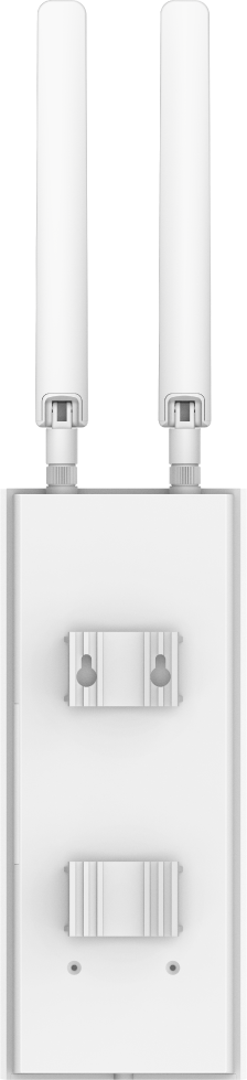 Két fehér antenna egy fehér téglalap alakú alap felett, rögzítőkonzolokkal. Fekete háttér.