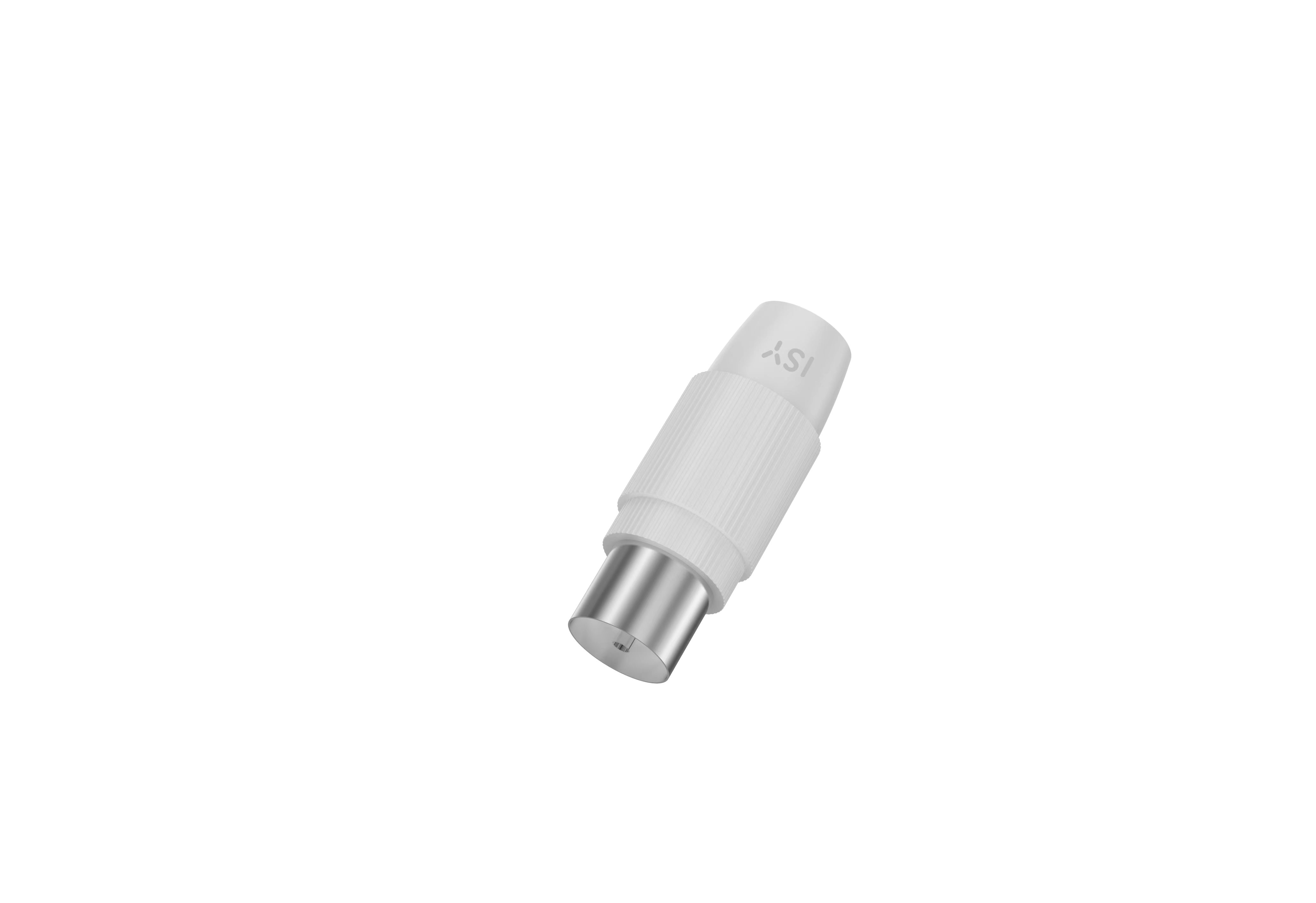 Ein weißer Koaxialkabelstecker mit silberner Spitze auf weißem Hintergrund. Der Stecker hat 'ISY' aufgedruckt.