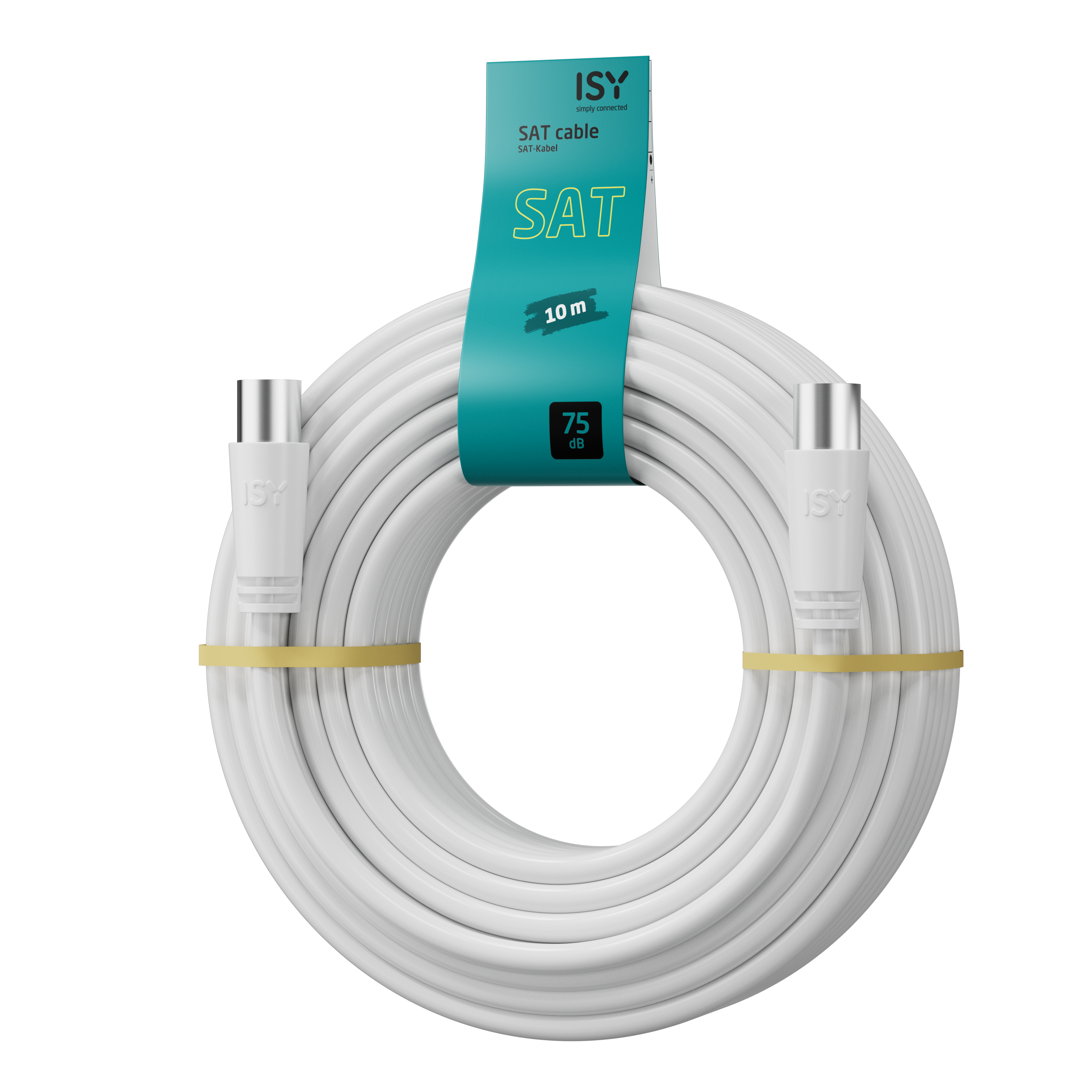 Biały kabel SAT zwinięty, z wtyczkami na końcach. Etykieta pokazuje markę, typ kabla, długość i wartość dB.