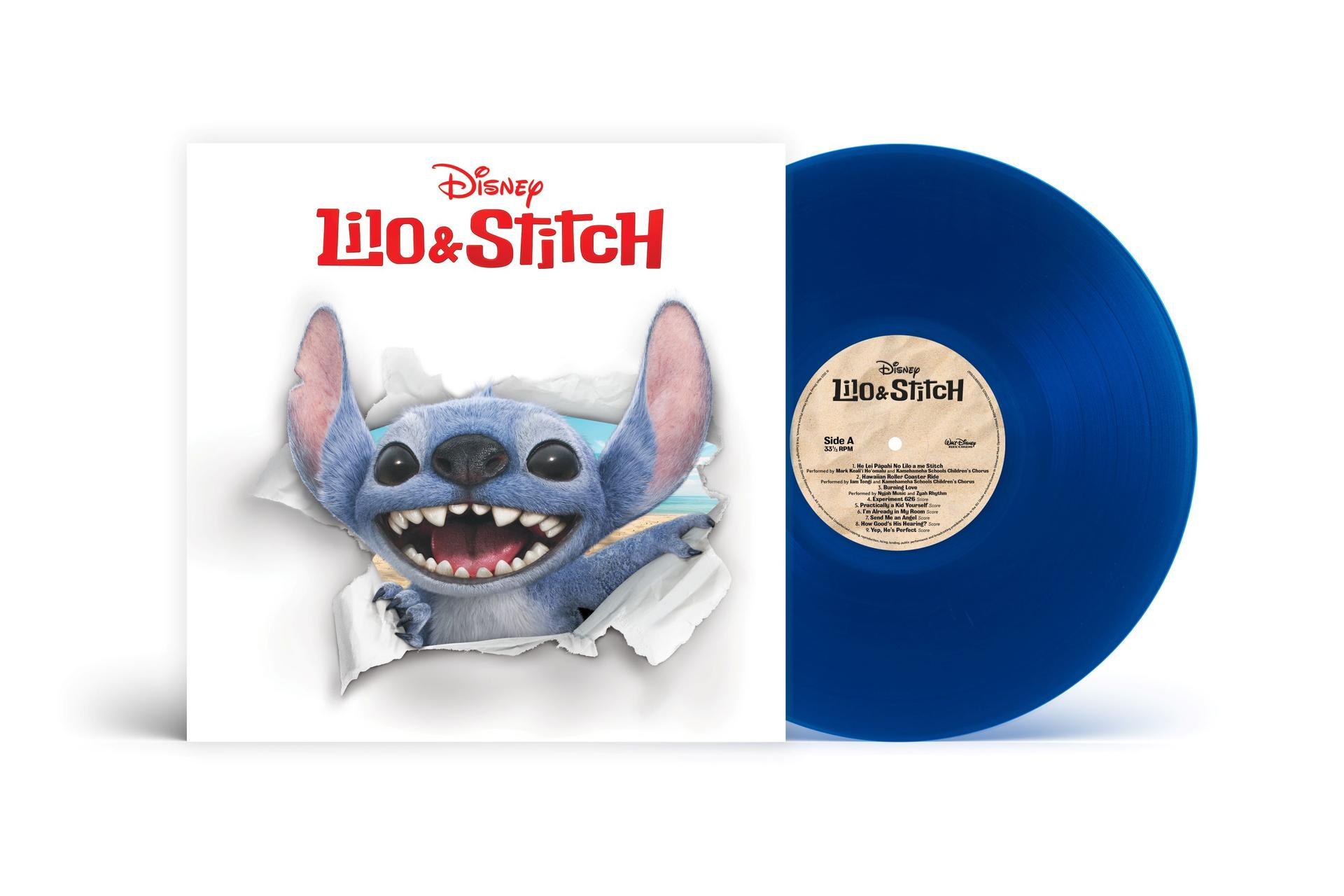 Lilo & Stitch Vinyl Schallplatte. Stitch bricht durch die Hülle. Blaue Vinylscheibe rechts.