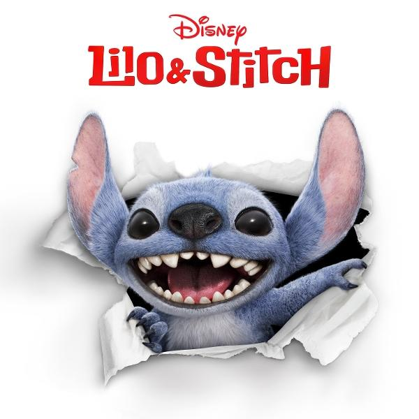 Stitch aus Lilo & Stitch bricht durch einen Papierriss und lächelt. Der Titel Disney Lilo & Stitch steht oben in Rot.