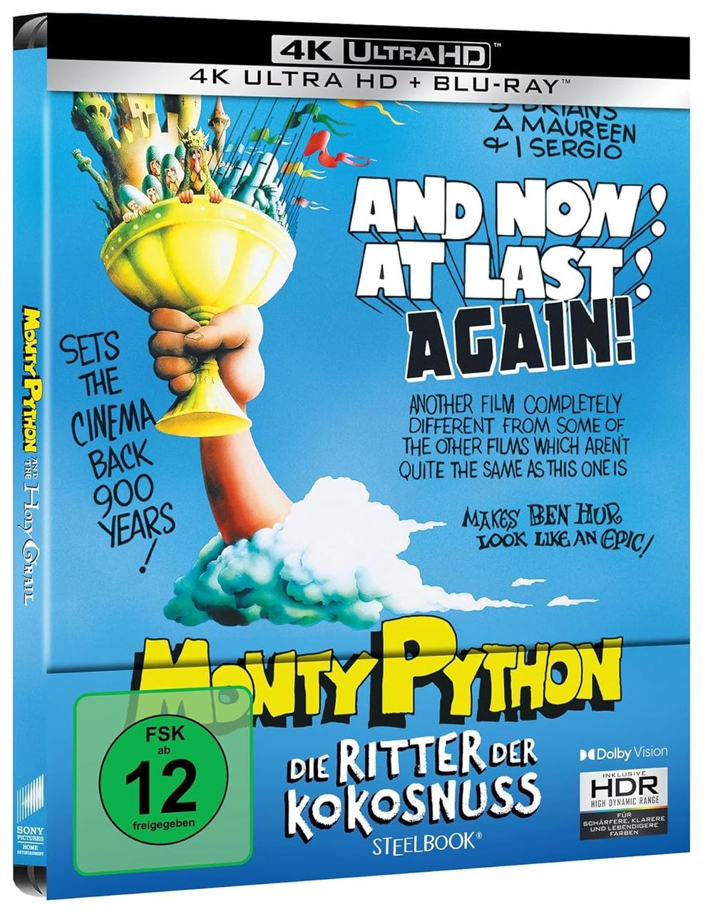 DVD-Hülle von Monty Python und der heilige Gral. Eine Hand hält einen goldenen Kelch. Text enthält Filmtitel und Altersfreigabe.