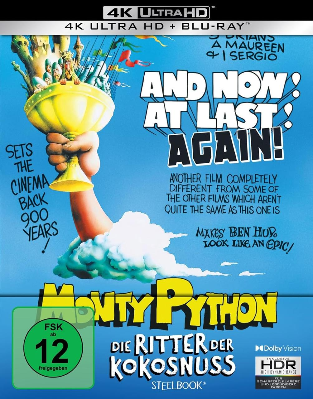 Filmcover mit einer Hand, die einen goldenen Pokal hält. Text: 'And Now At Last Again!' und 'Monty Python'.