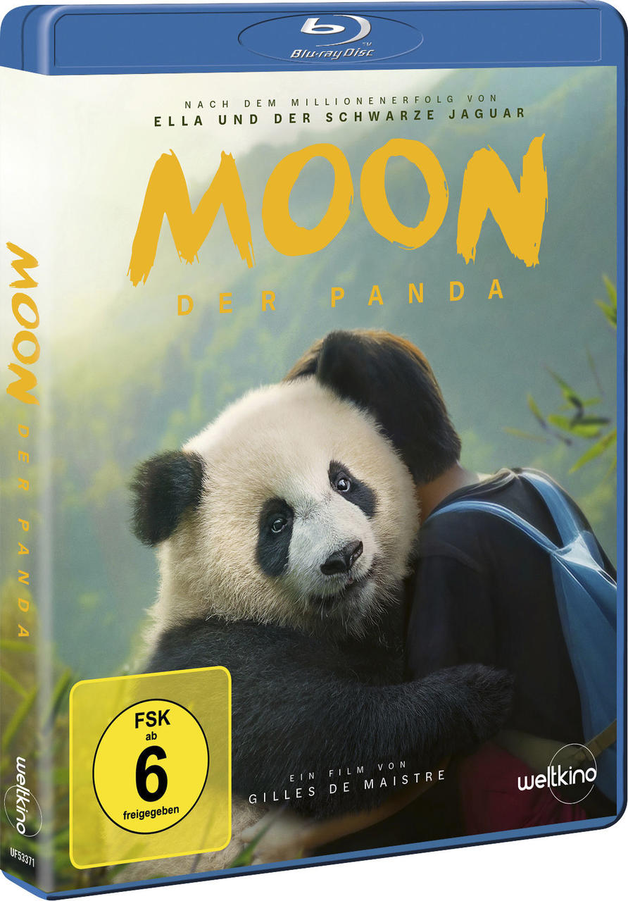 Ein Panda umarmt eine Person. Das Blu-ray-Cover zeigt den Filmtitel 'Moon der Panda'. Eine Bewertung und ein Filmkredit sind ebenfalls abgebildet.