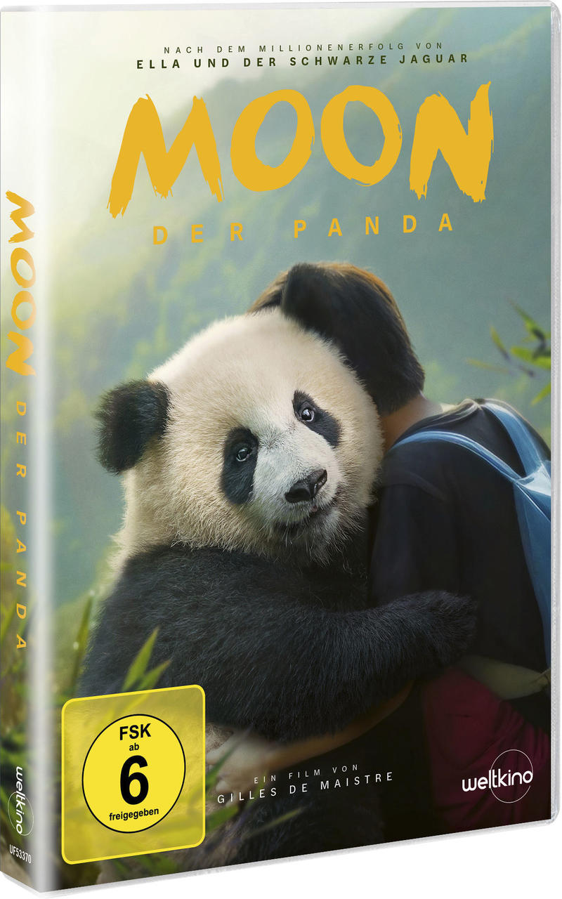 Ein Panda umarmt eine Person. Der Filmtitel 'MOON DER PANDA' steht oben. Das Cover hat eine gelbe Altersfreigabe.
