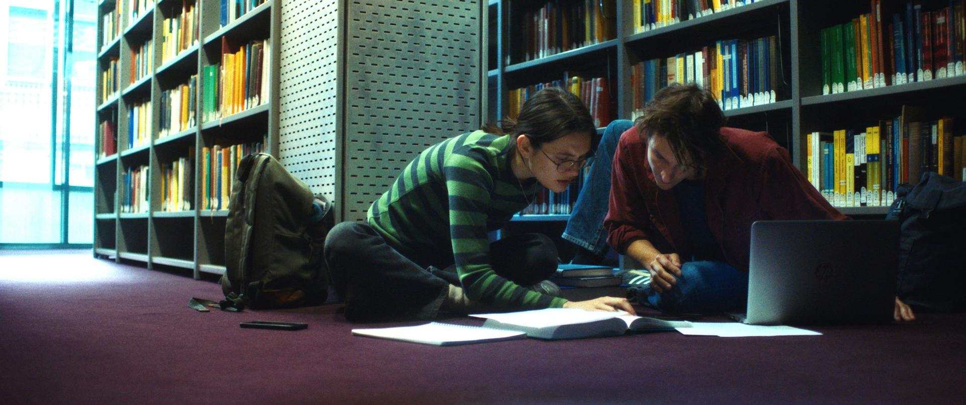Zwei Personen lernen in einer Bibliothek. Einer trägt ein grün gestreiftes Hemd. Bücherregale sind im Hintergrund. Ein Laptop und Bücher sind offen.