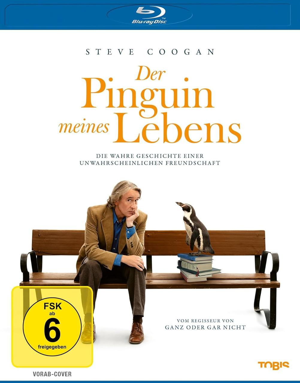 Ein Mann sitzt mit einem Pinguin auf einer Bank. Der Filmtitel "Der Pinguin meines Lebens" ist auf dem Blu-ray-Cover zu sehen.