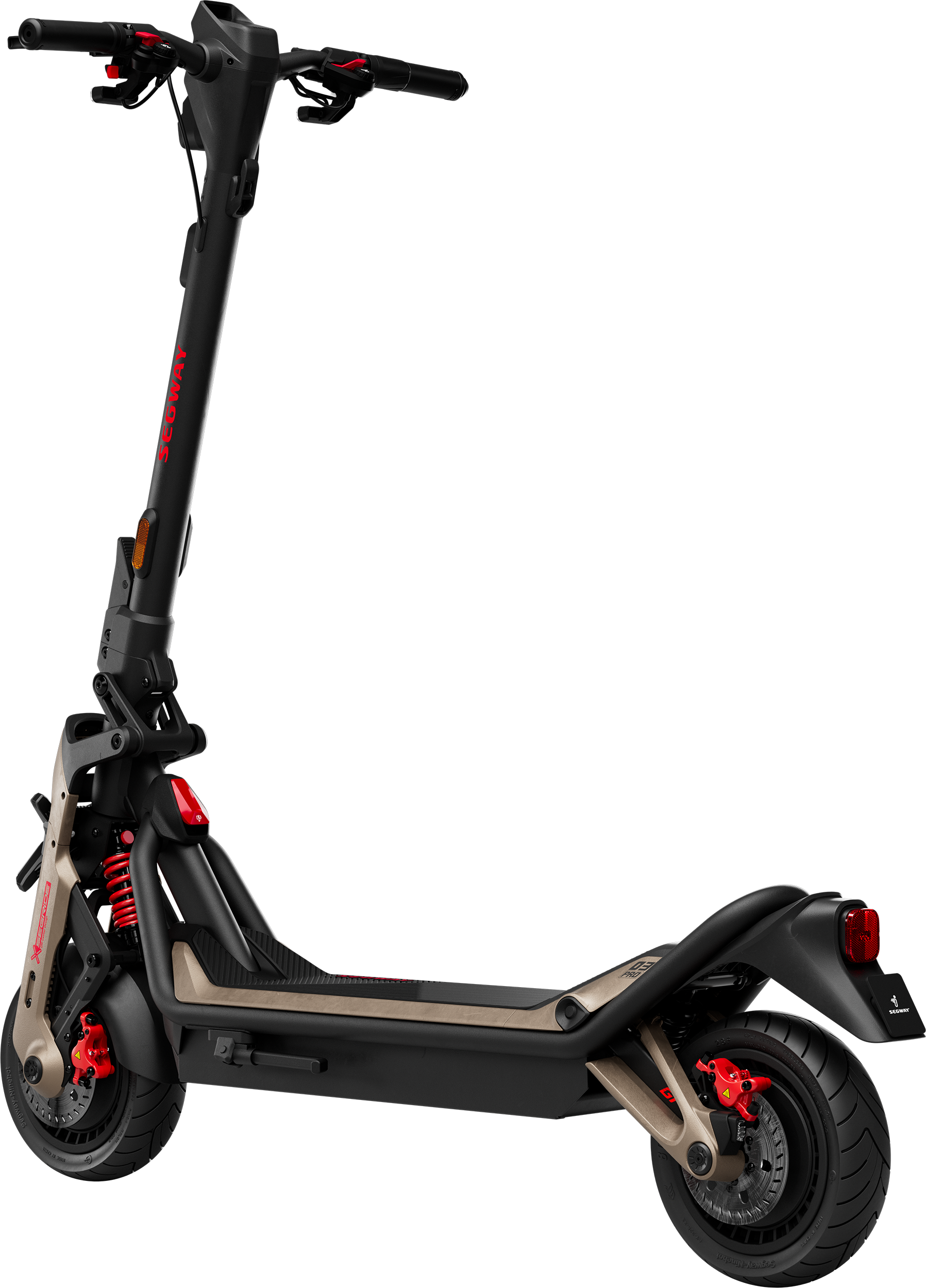 Fekete Segway Ninebot elektromos roller piros részletekkel. Kormányt, deszkát és kerekeket tartalmaz.