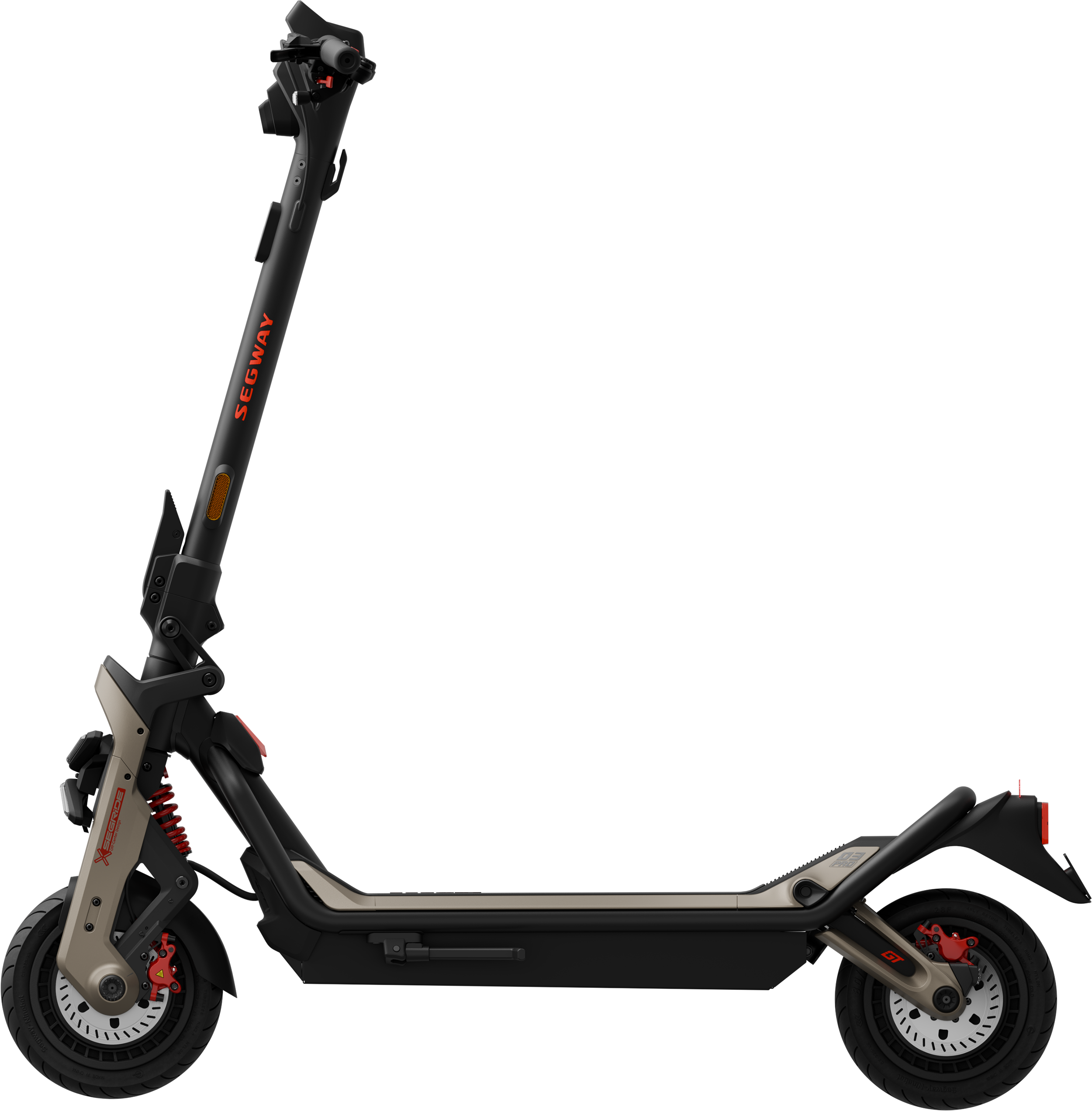 Egy Segway GT elektromos robogó. Fekete, bézs színű díszítéssel. Piros féknyergek és fekete gumiabroncs.