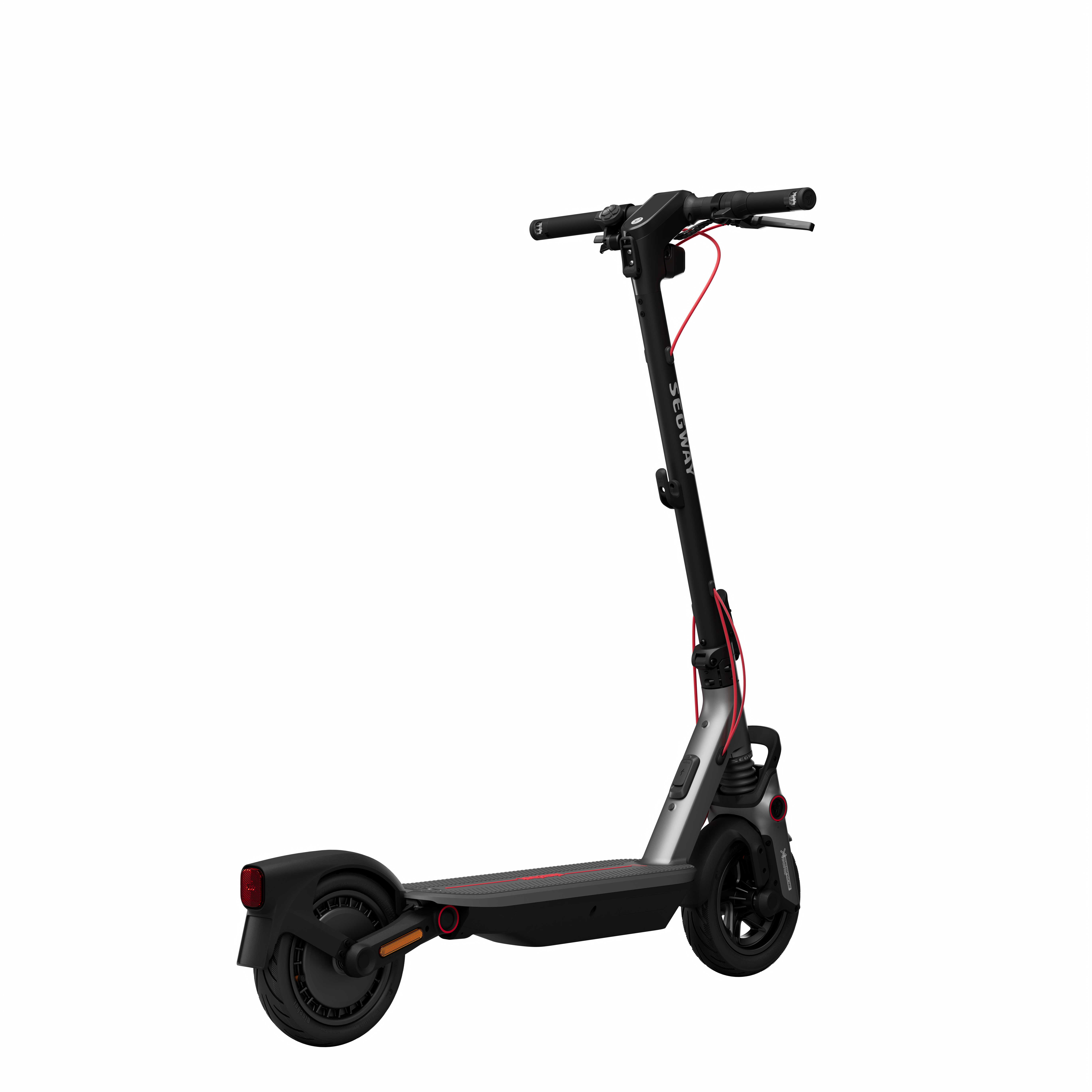 Fekete-szürke Segway elektromos robogó fekete háttérrel. Piros díszítések a kábeleken és a deszkán.