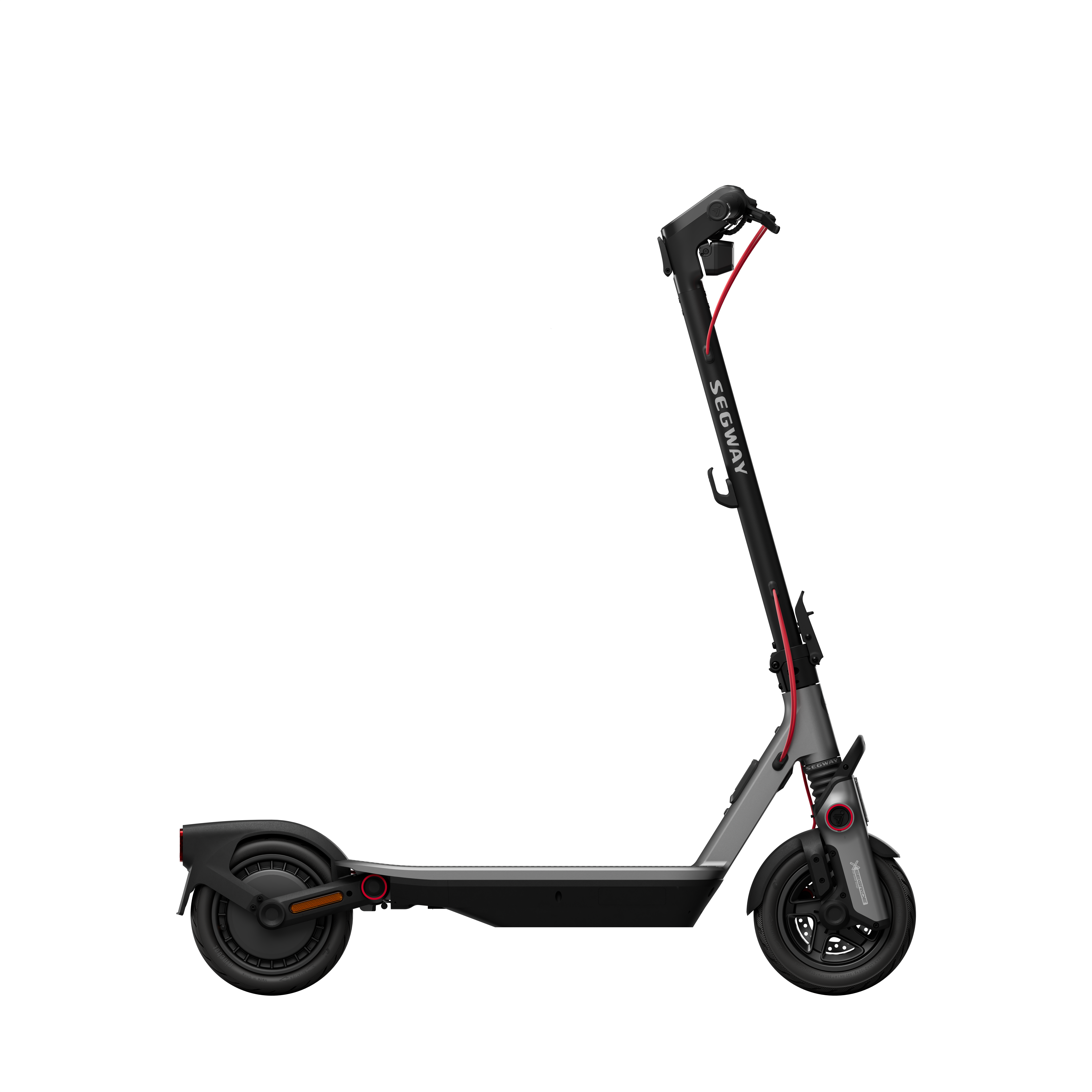 Egy Segway elektromos roller fekete háttér előtt. Szürke váza piros díszítéssel.