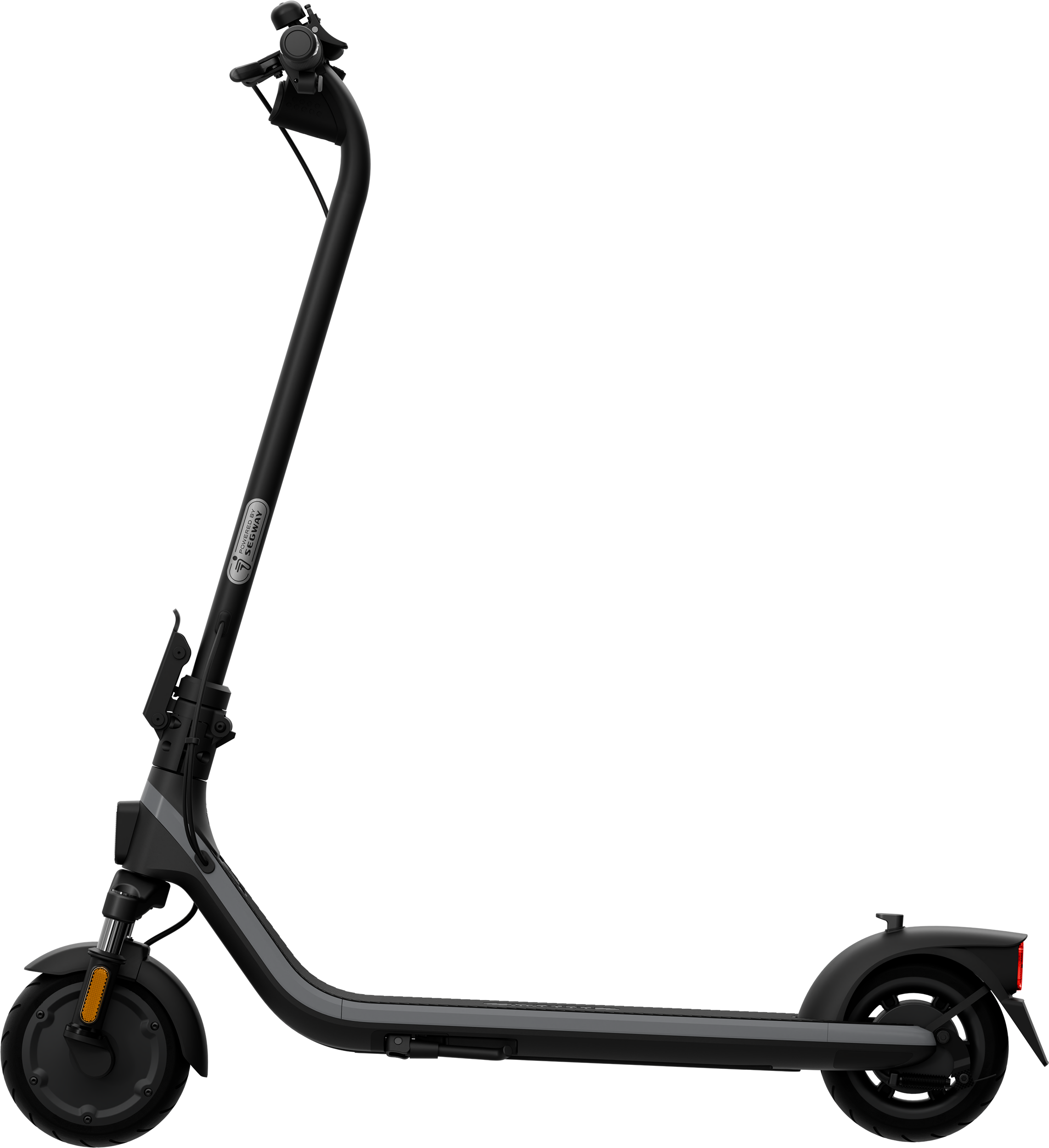 Fekete elektromos roller szürke díszítéssel. Jellemzői a kormány, a kerekek és a piros hátsó lámpa. Segway logó látható.