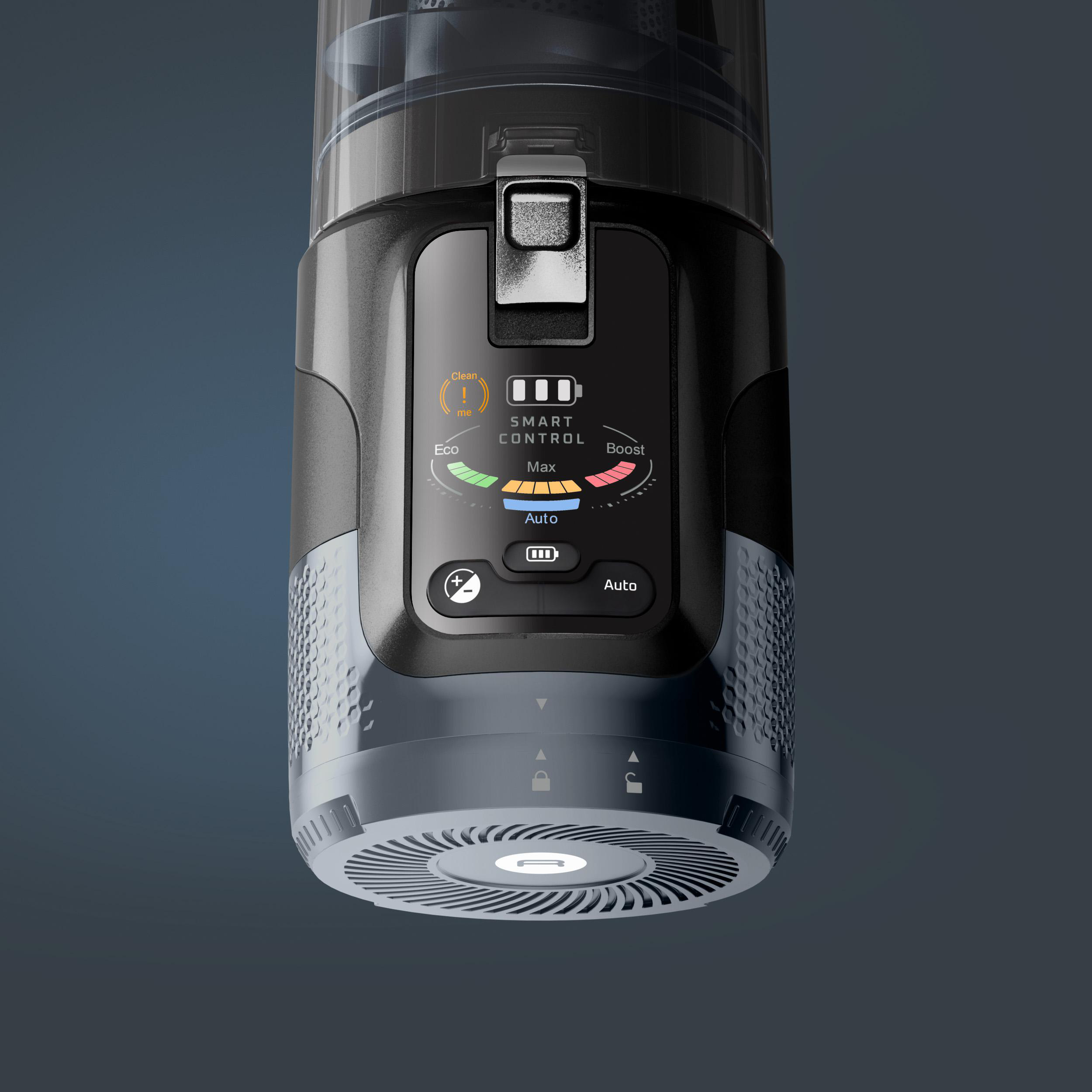 Nahaufnahme eines Staubsaugers. Er hat ein digitales Display mit Batterie- und Modusanzeigen. Der Hintergrund ist dunkelblau.