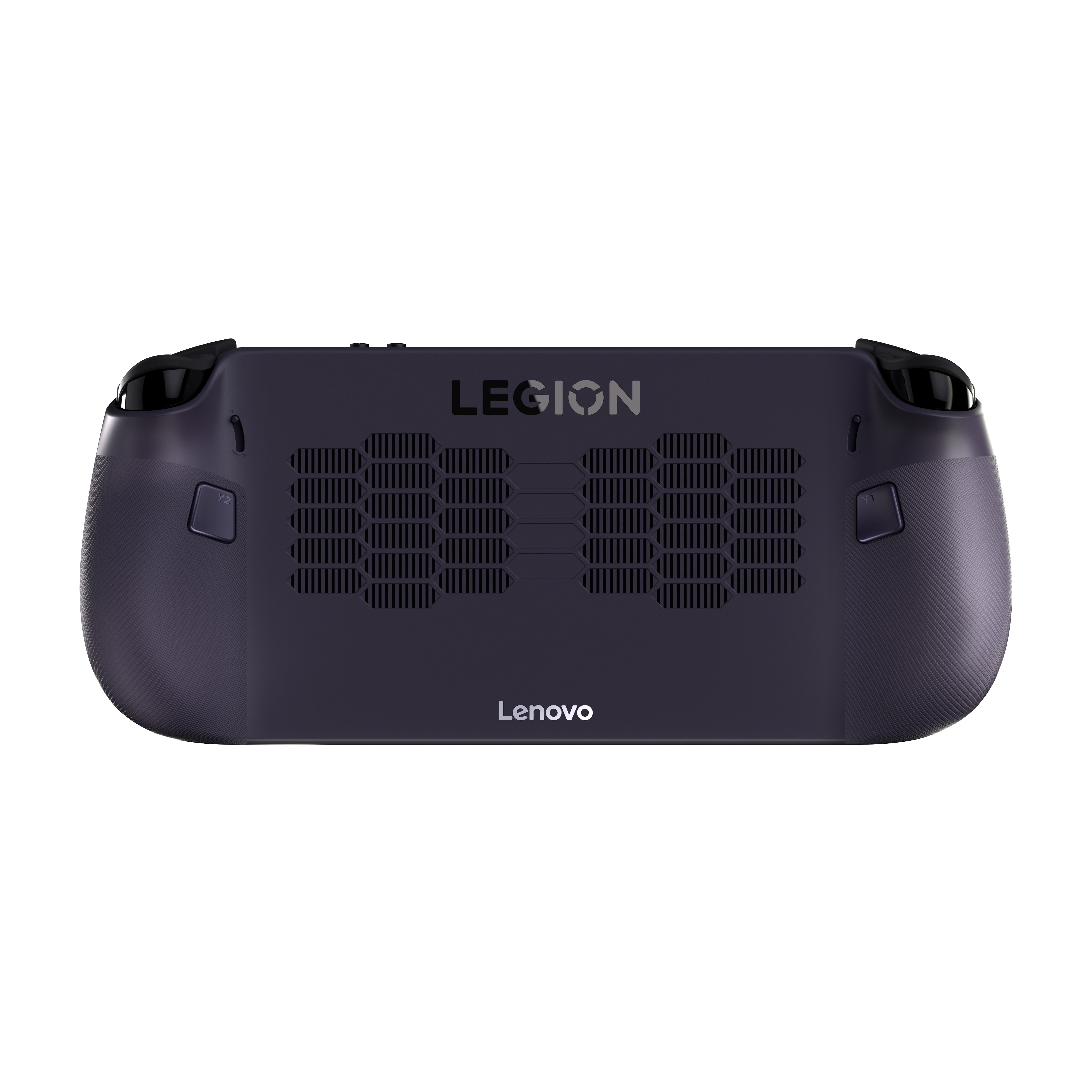 Die Rückseite einer Lenovo Legion Handheld-Konsole. Es ist dunkelgrau mit Lüftungsschlitzen, dem Legion-Logo und dem Lenovo-Logo.