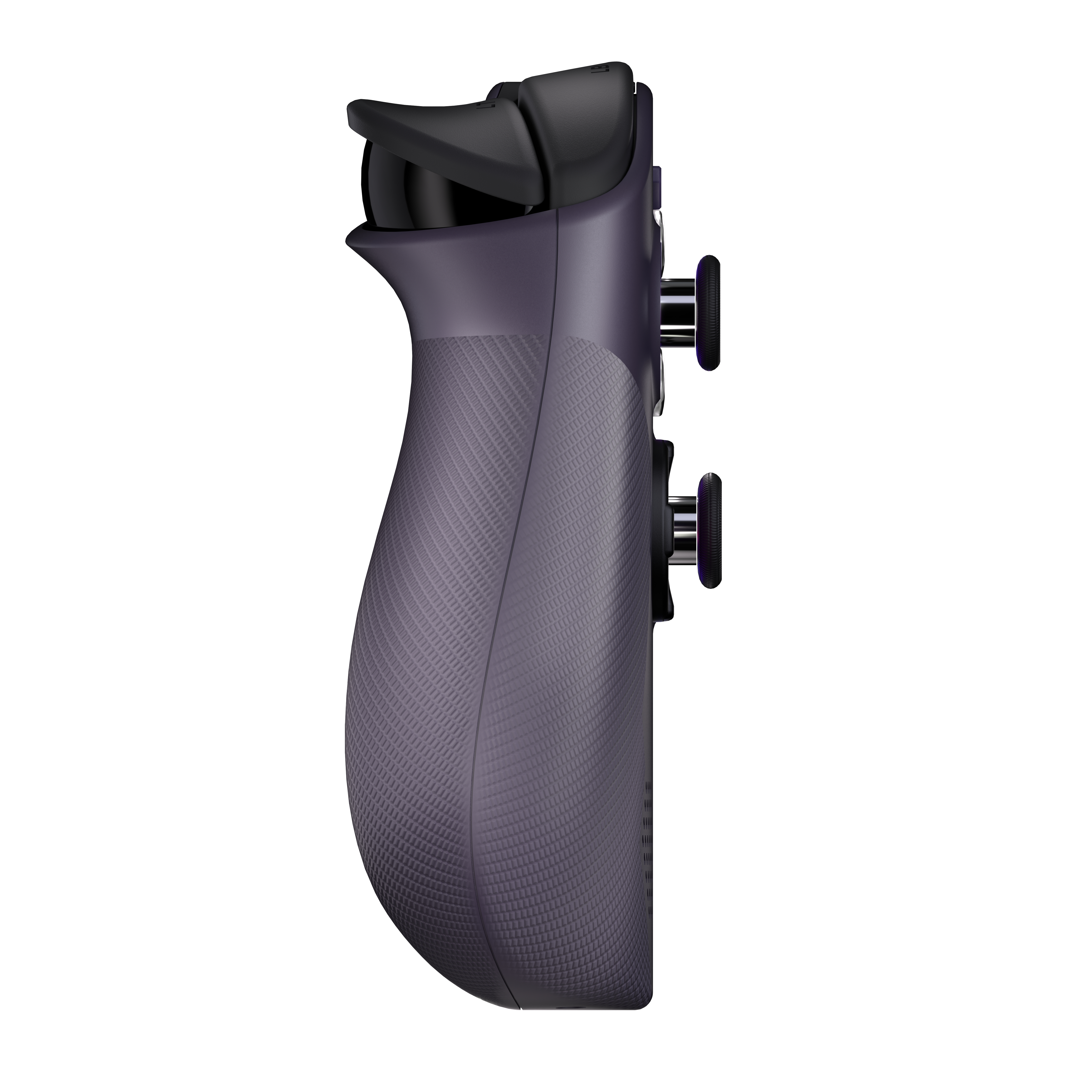 Ein lila Gamecontroller auf weißem Hintergrund. Er hat schwarze Knöpfe und Auslöser. Der Griff hat ein strukturiertes Muster.