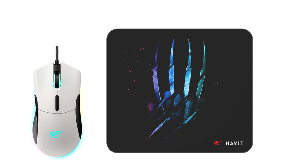 Beyaz bir oyun faresi ve pençe tasarımlı siyah bir mousepad. Mousepad'de HAVIT logosu bulunuyor.