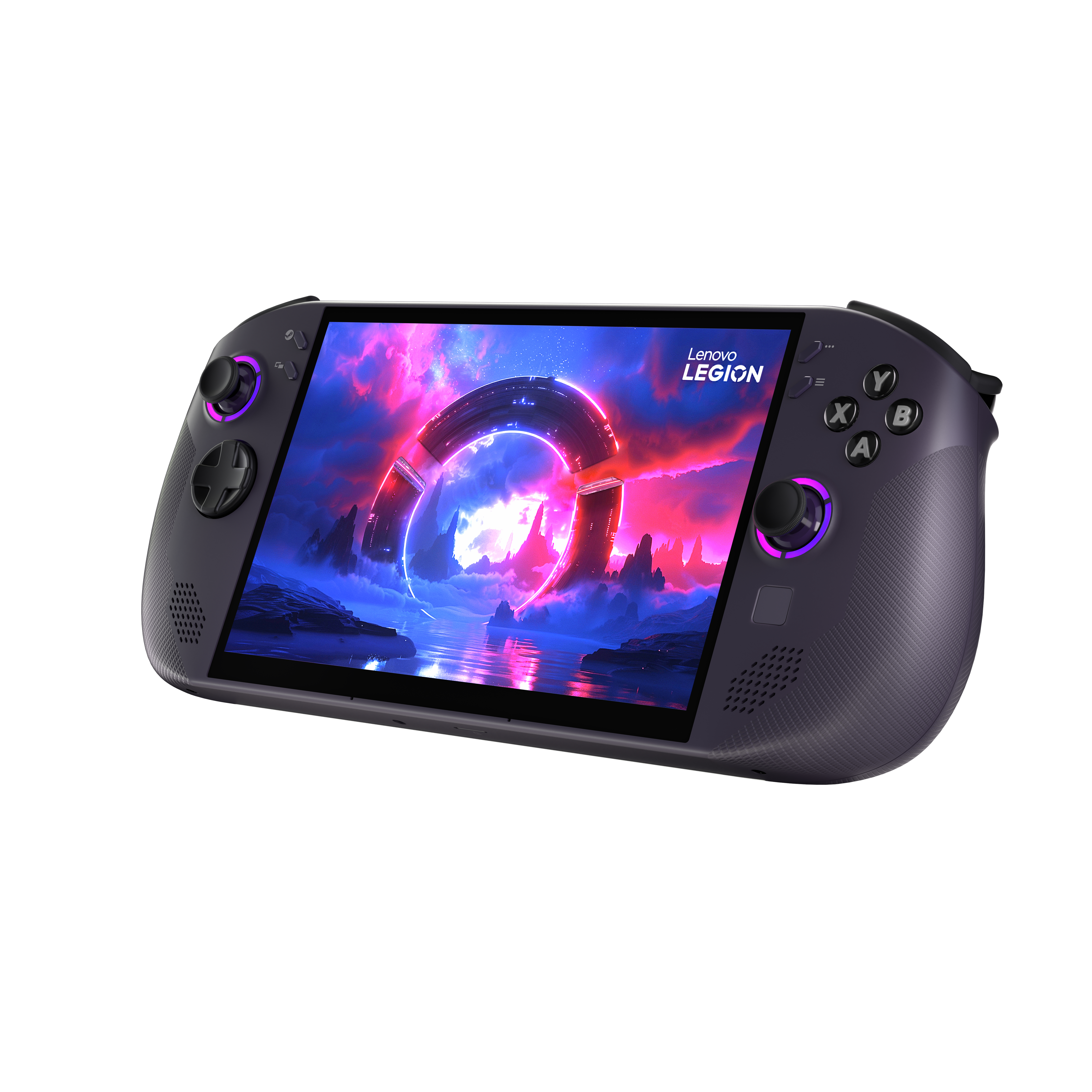 Ein dunkelgraues Lenovo Legion Handheld-Gaming-Gerät. Der Bildschirm zeigt eine futuristische Szene. Lila Akzente an den Bedienelementen.