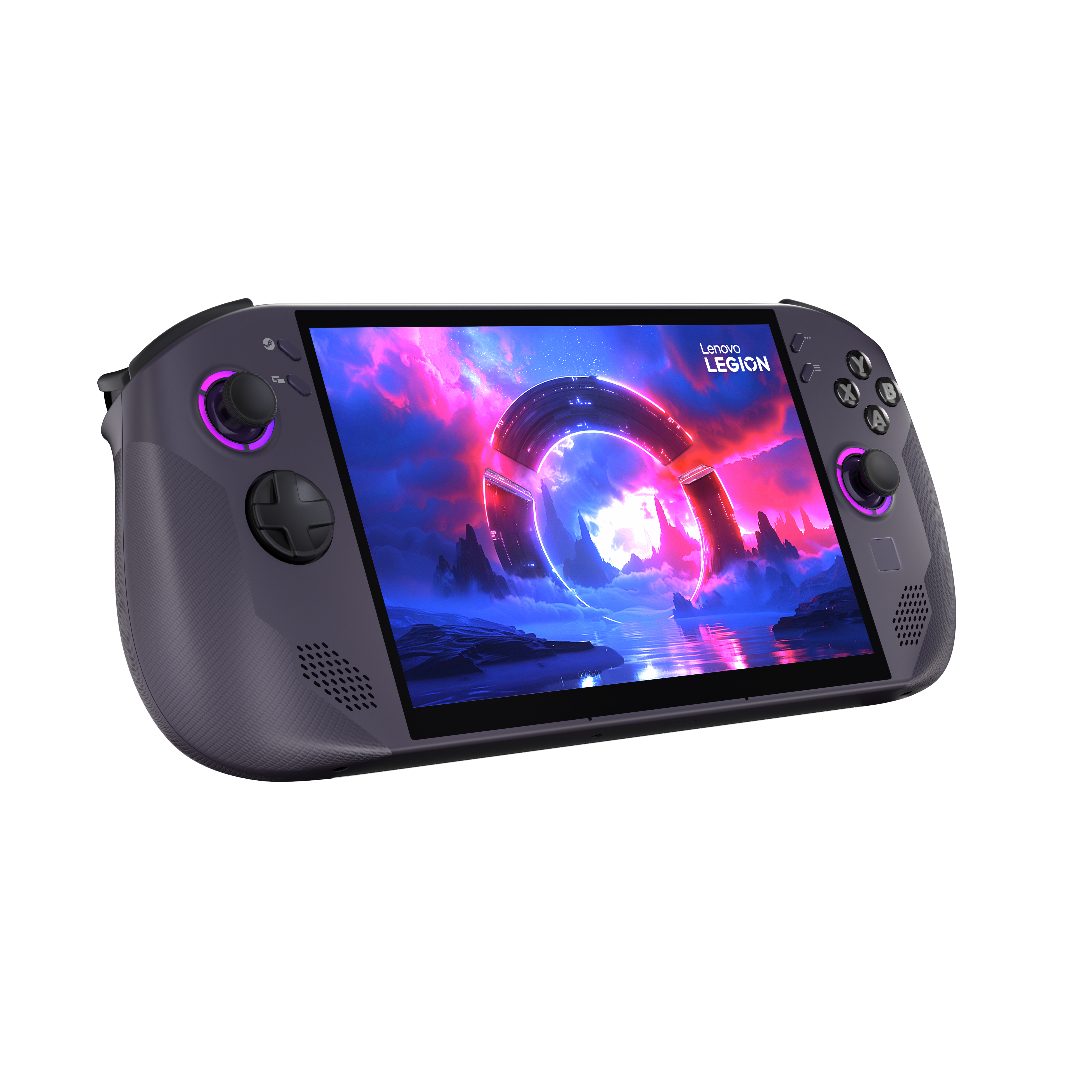 Gezeigt wird eine Handheld-Spielekonsole. Sie ist dunkelgrau mit schwarzen Knöpfen. Der Bildschirm zeigt eine bunte Landschaft.