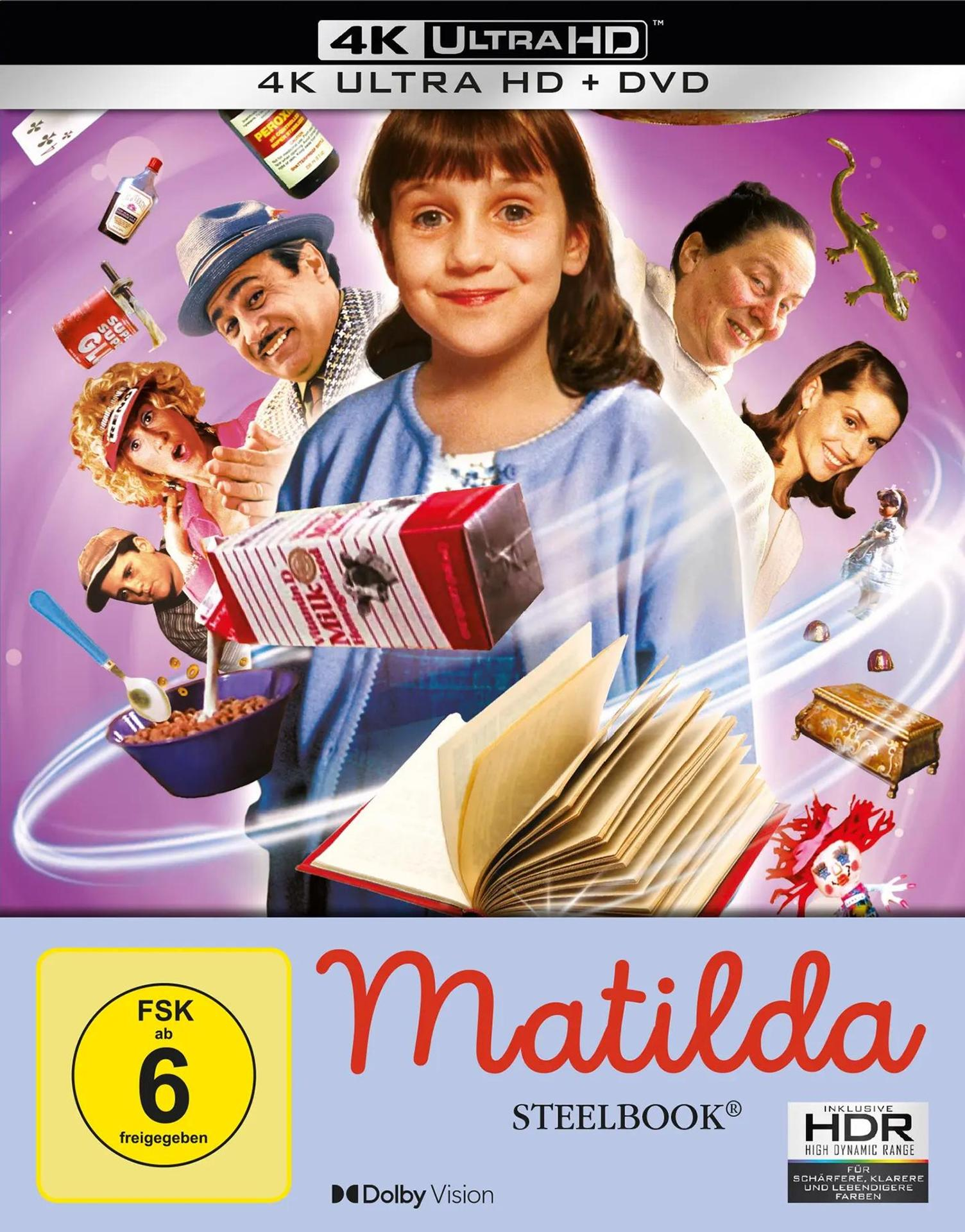 Matilda DVD-Cover. Zeigt Matilda, verschiedene Charaktere, schwebende Objekte und den Filmtitel. Enthält eine 6+-Bewertung.
