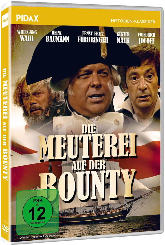 DVD-Cover mit Schauspielern und einem Schiff. Titel: Die Meuterei auf der Bounty. Zu den Schauspielern gehören Wolfgang Wahl und Heinz Baumann.