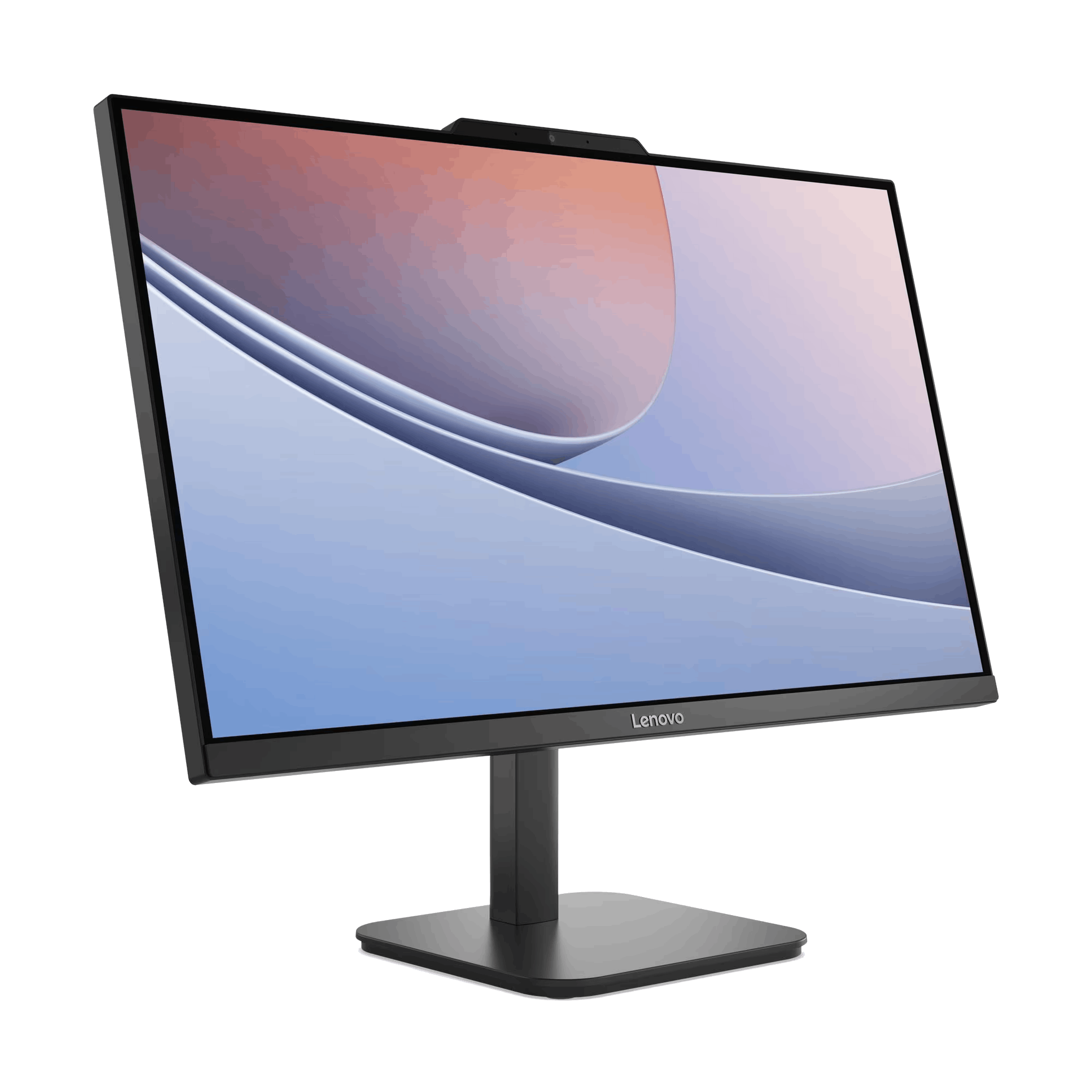 Un monitor Lenovo negro con pantalla curva. La pantalla muestra gradientes de color sobre fondo negro.