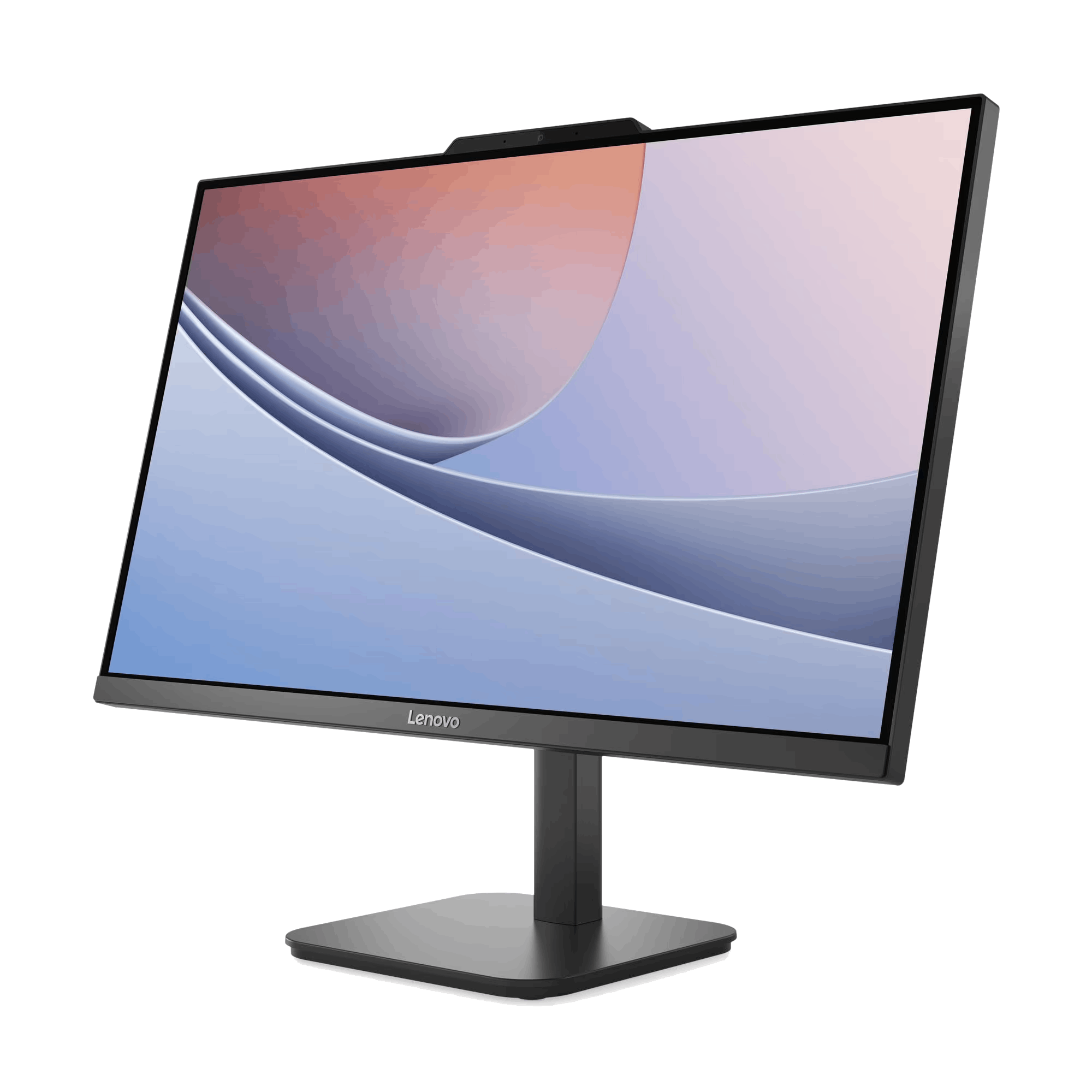 Un monitor Lenovo sobre un soporte negro. La pantalla muestra un fondo degradado azul y rosa con líneas blancas.