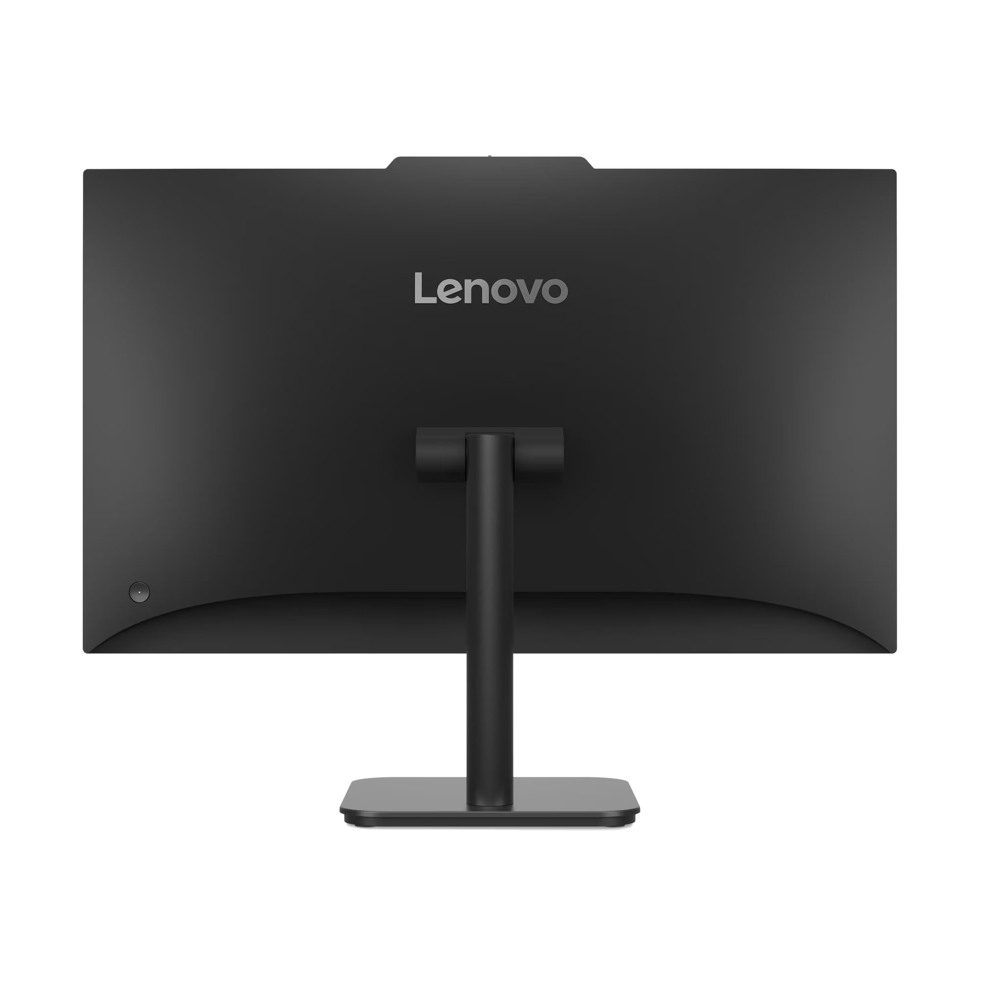 Parte trasera de un monitor Lenovo negro. Tiene un soporte, el logotipo de Lenovo y un botón de encendido. El fondo es negro.