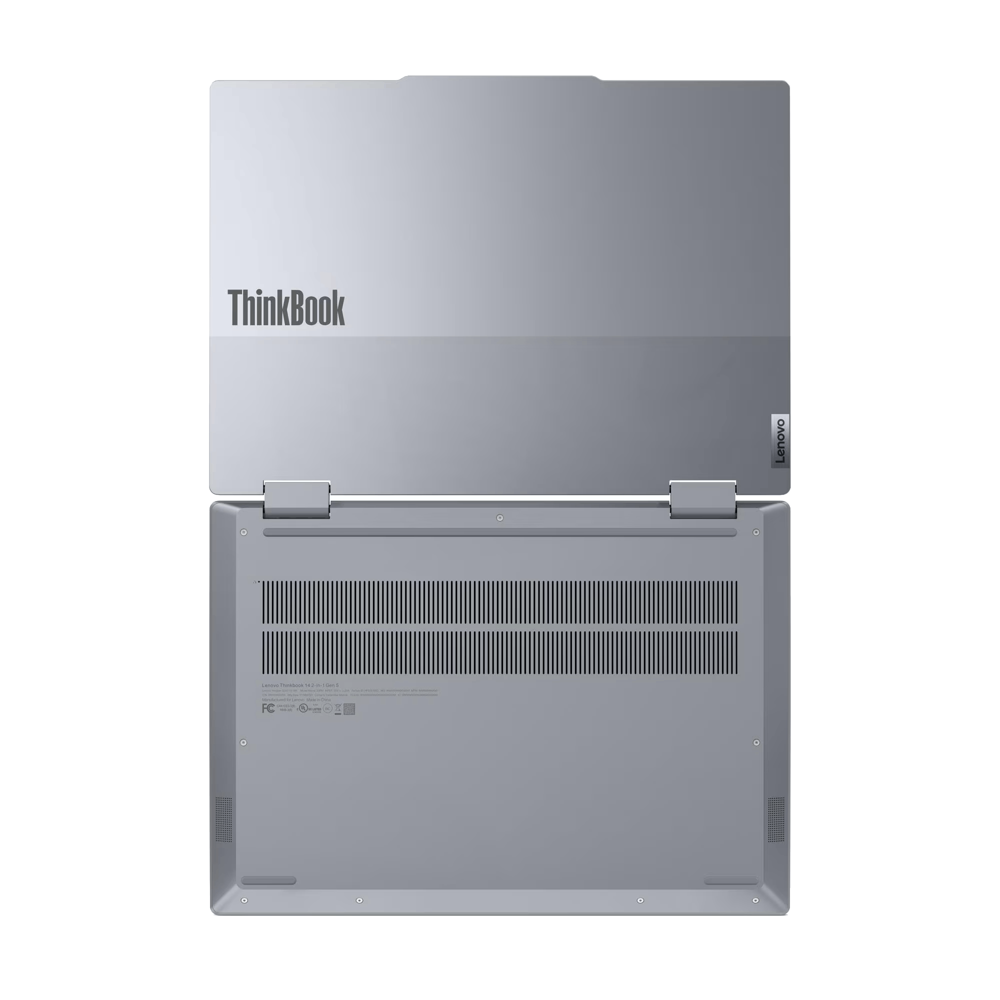 Un portátil Lenovo ThinkBook plateado, abierto. El logotipo de ThinkBook es visible. También es visible la parte inferior del portátil.
