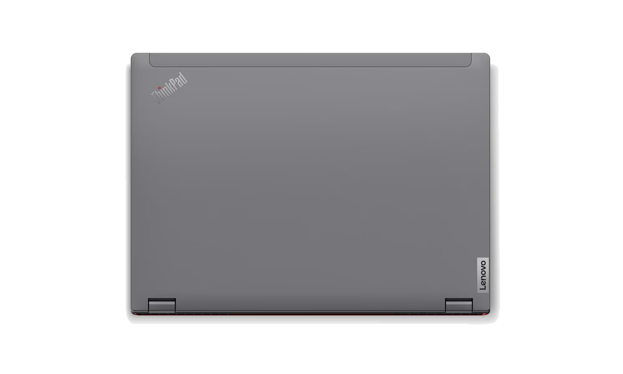 Vista superior de un portátil Lenovo ThinkPad gris cerrado. El logotipo de ThinkPad está arriba a la izquierda y el de Lenovo a la derecha.