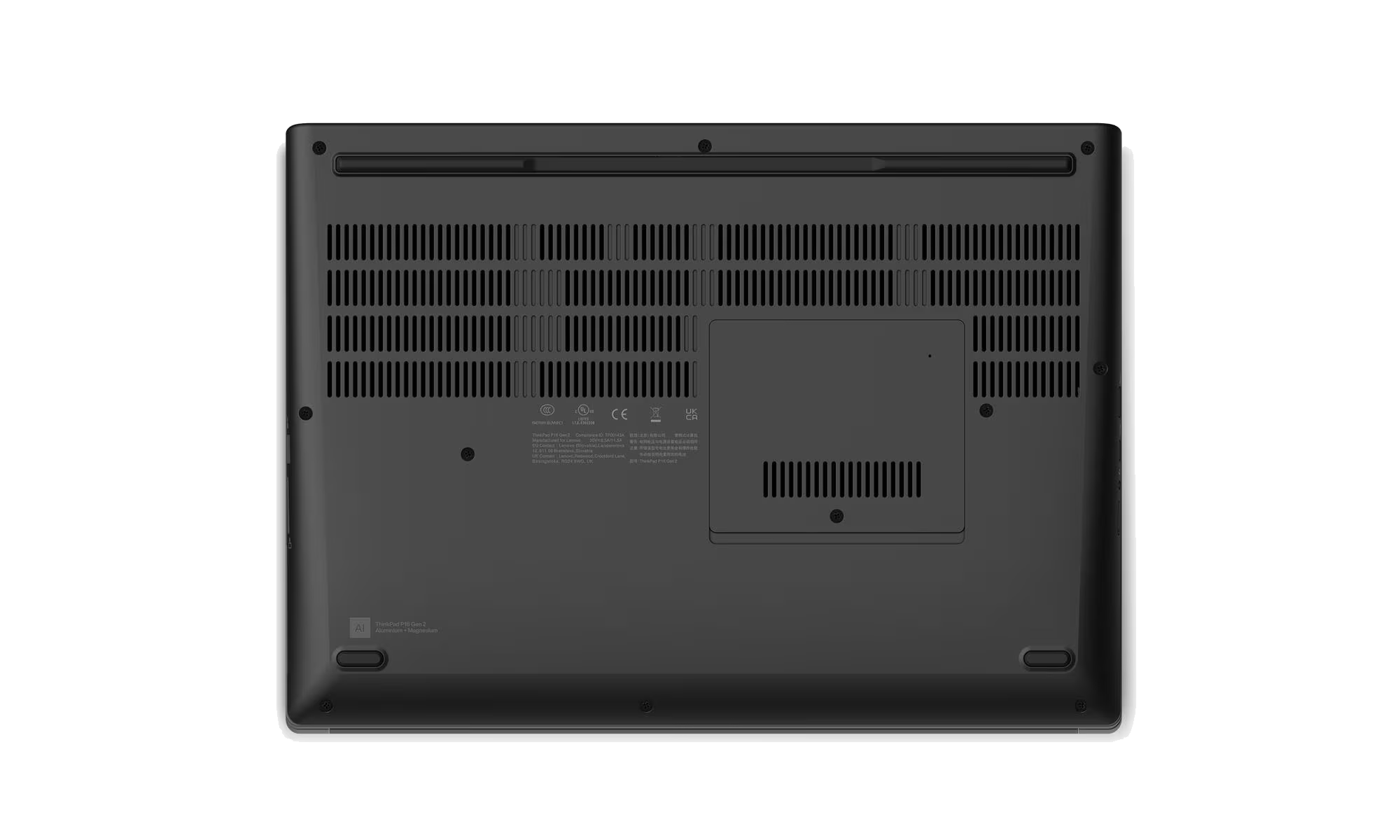 Parte inferior de un portátil, gris oscuro con rejillas de ventilación. Incluye marcas regulatorias y el logotipo ThinkPad. Borde blanco.