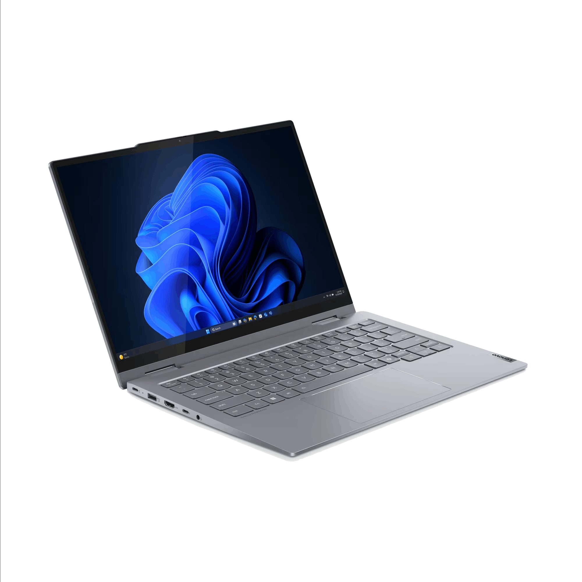 Una computadora portátil plateada está abierta, mostrando un fondo azul de Windows. El teclado es visible. El fondo es negro.