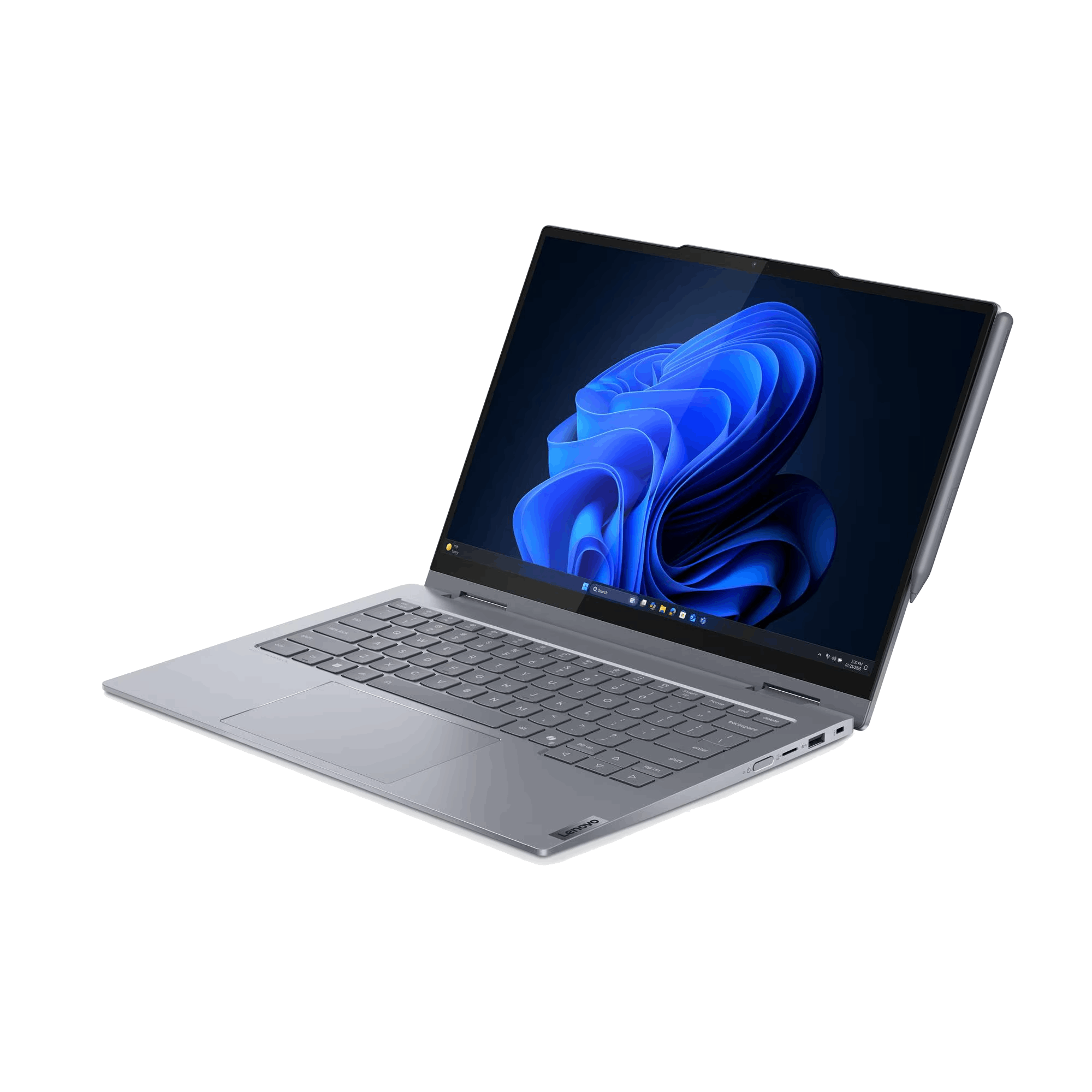 Un portátil Lenovo plateado está abierto, mostrando un fondo de pantalla azul de Windows 11. El teclado es visible. El fondo es negro.