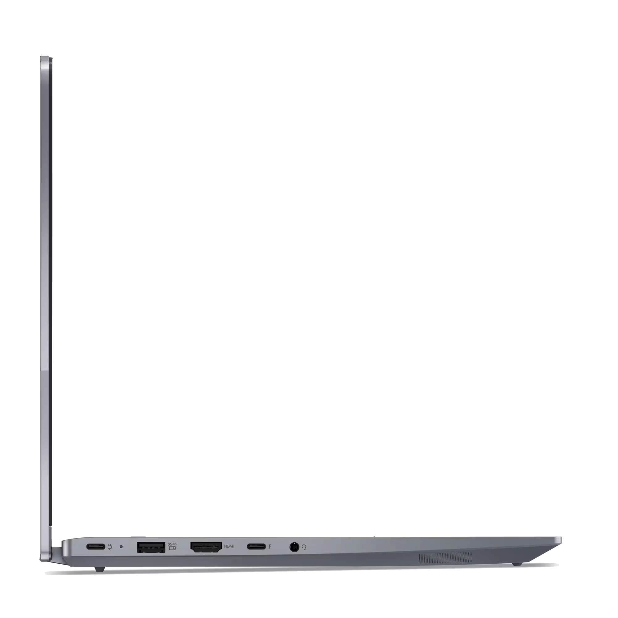 Vista lateral de un portátil plateado, abierto. Puertos visibles: USB-C, USB, HDMI y conector de auriculares. Fondo negro.