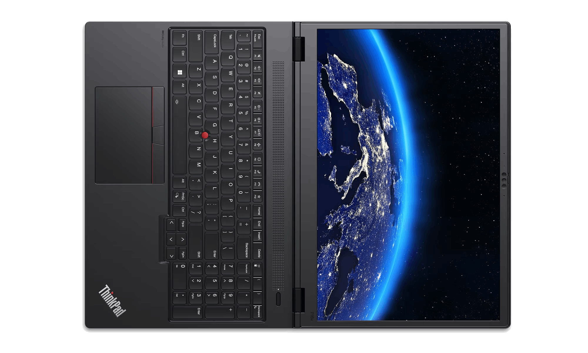Laptop ThinkPad negro abierto, mostrando teclado y una pantalla con la Tierra desde el espacio. El fondo es negro.
