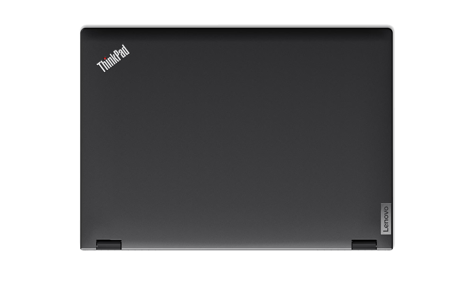 Vista superior de un portátil Lenovo ThinkPad gris oscuro cerrado. El logotipo de ThinkPad está en la esquina superior izquierda y Lenovo en la inferior derecha.