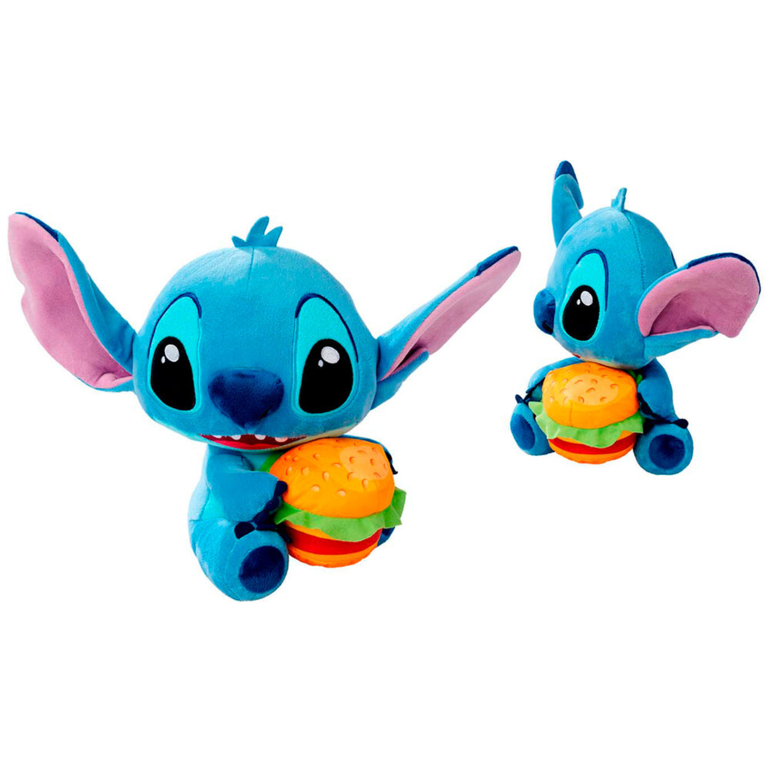 Two blue Stitch plush toys holding burgers. One Stitch is larger, the other smaller, both against a white background.