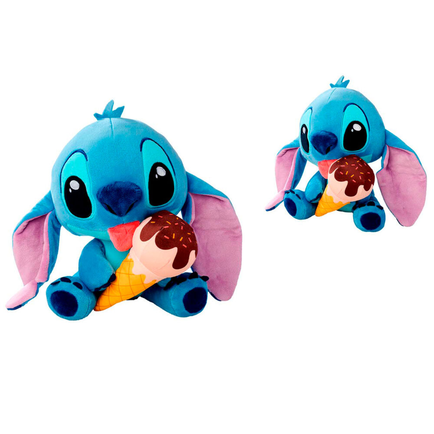 Two plush Stitch toys holding ice cream cones. Stitch is blue with large ears. The cones have chocolate and sprinkles.