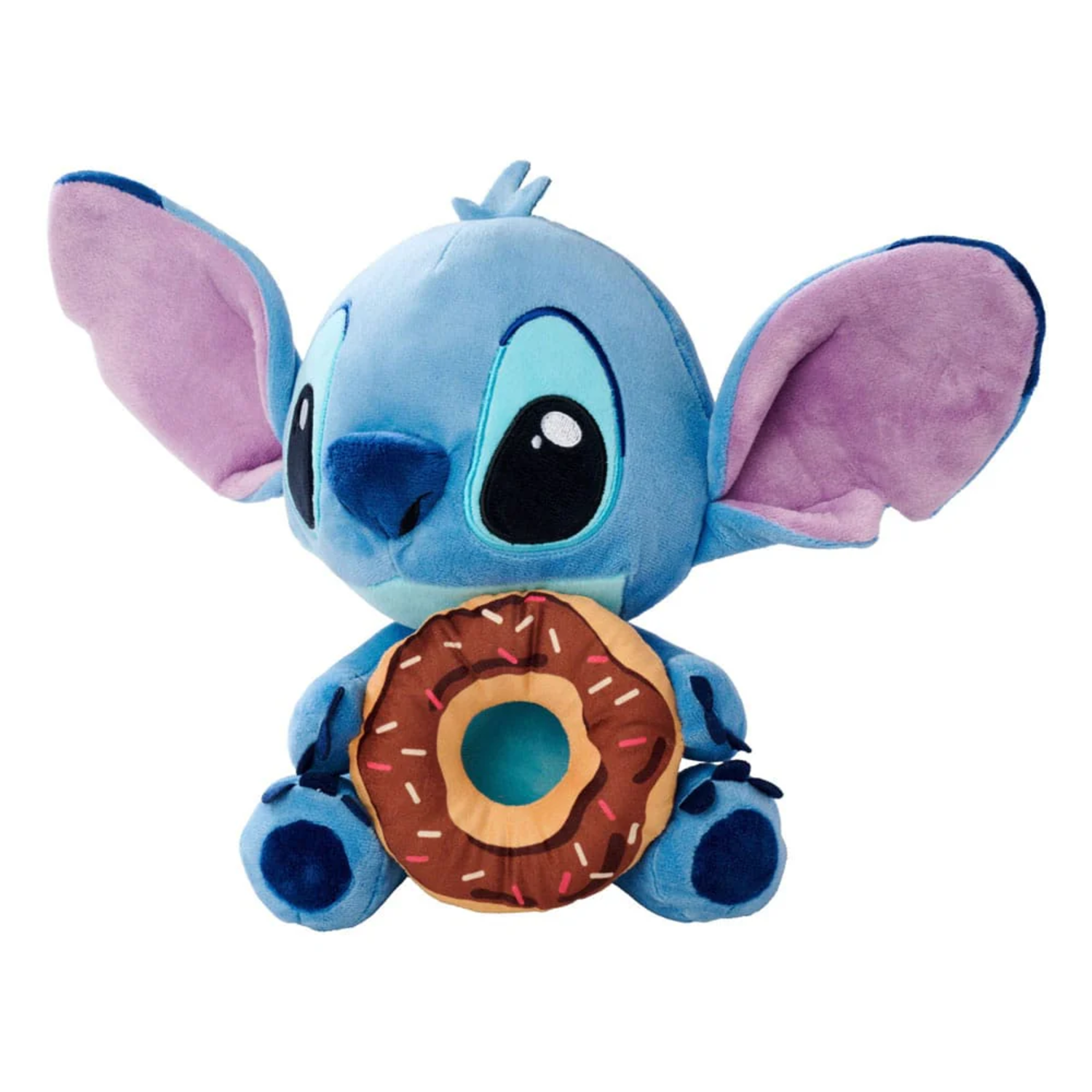 Stitch plush holding a donut. Stitch is blue with large ears, holding a brown donut with sprinkles.