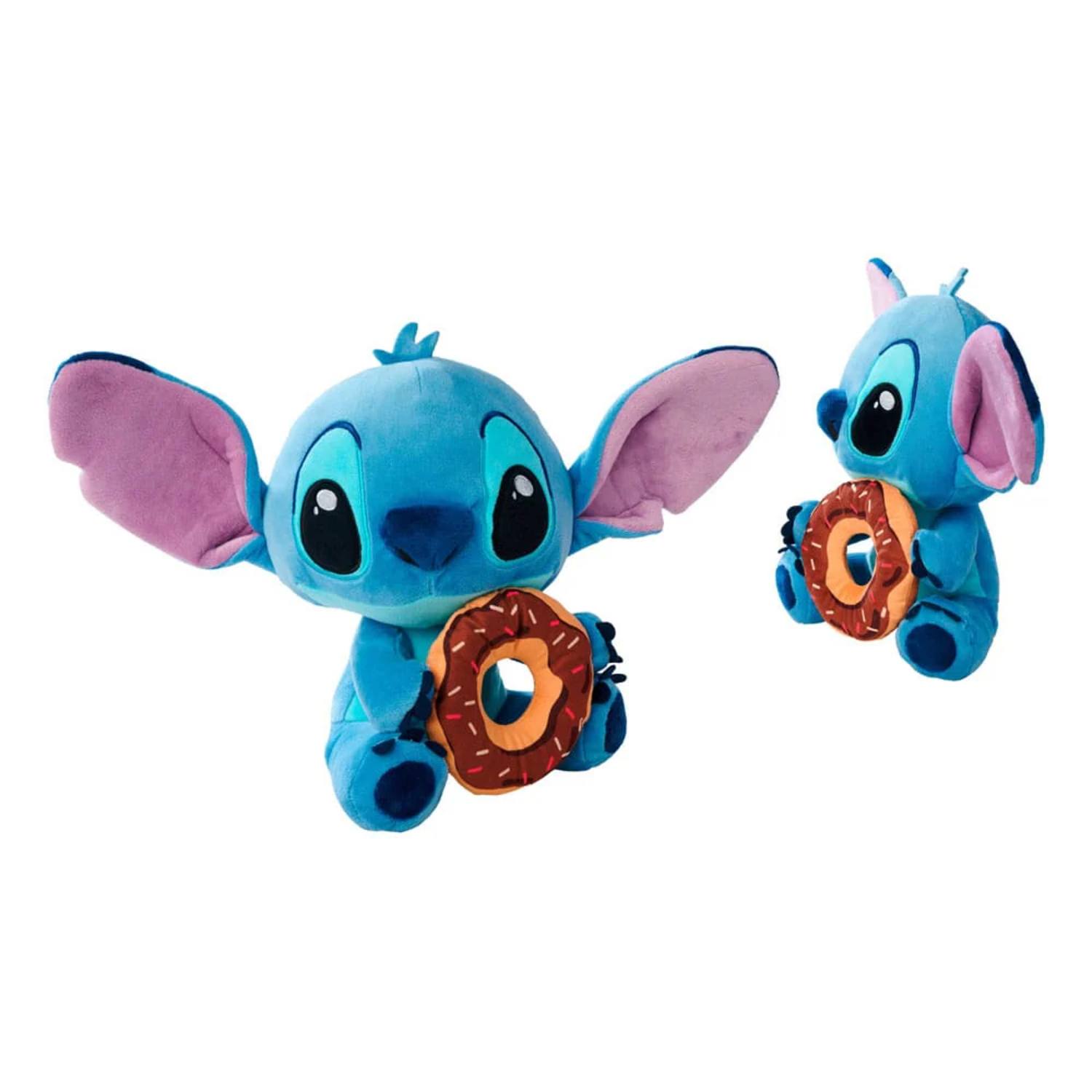 Two Stitch plush toys holding donuts. The toys are blue with large ears and eyes, set against a white background.