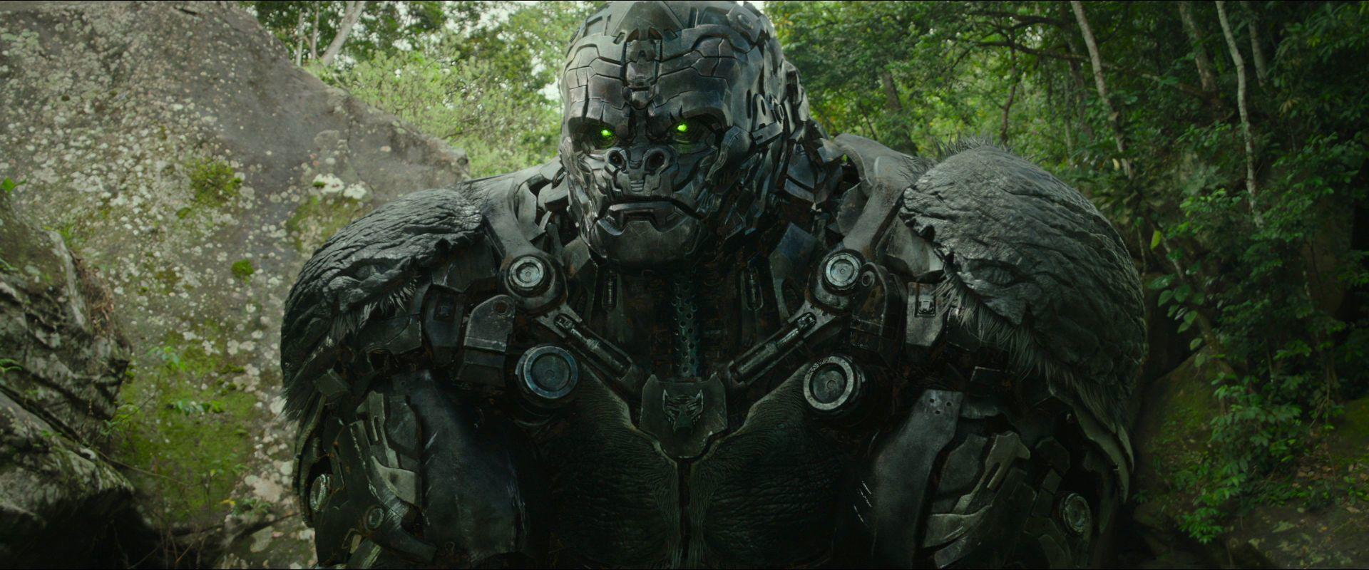 Ein Roboter-Gorilla mit grün leuchtenden Augen steht in einem Wald. Er hat einen detaillierten Metallkörper und einen ernsten Ausdruck.