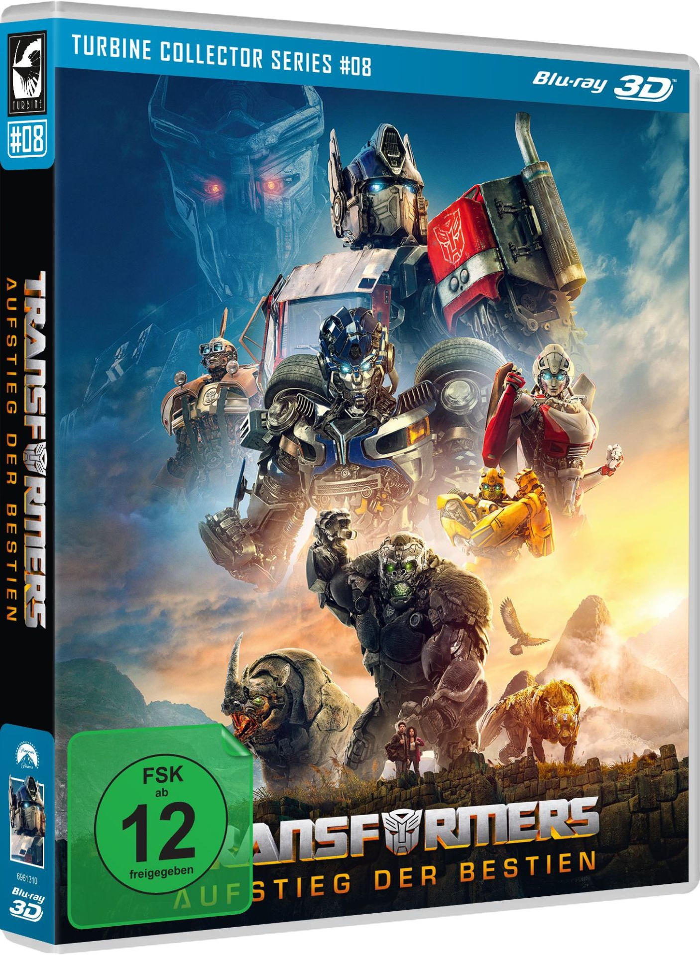 Transformers-Filmcover. Roboter im Vordergrund, Optimus Prime im Zentrum, mit Filmtitel und Bewertung.