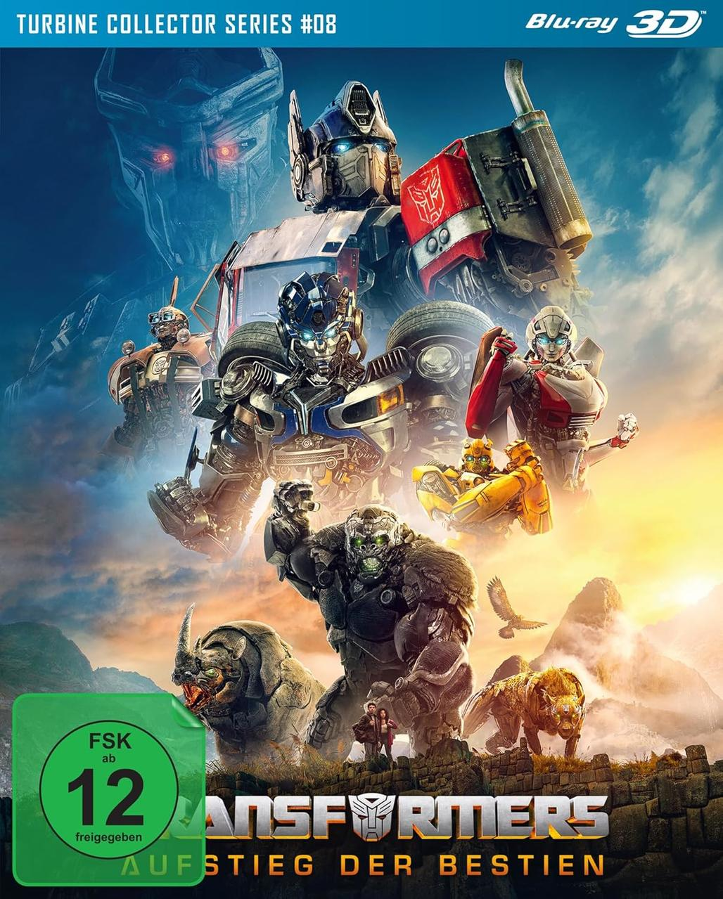 Transformers: Aufstieg der Bestien Blu-ray Cover mit Optimus Prime und anderen Robotern.