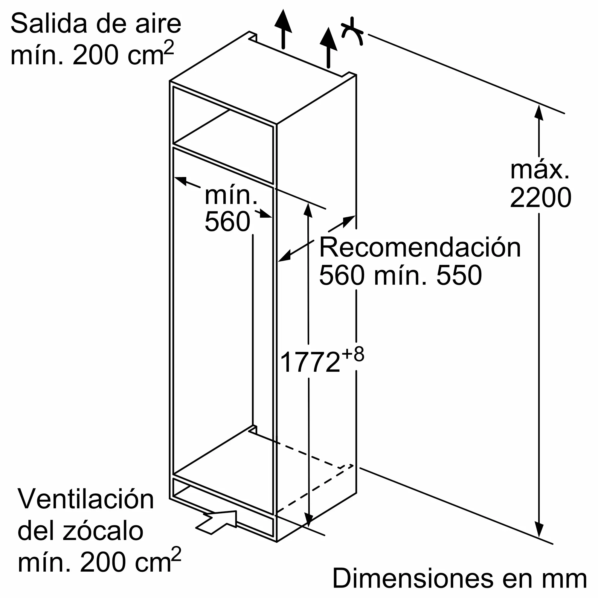 Diagrama de un armario con dimensiones en mm. Incluye salida de aire, ventilación y medidas de altura.