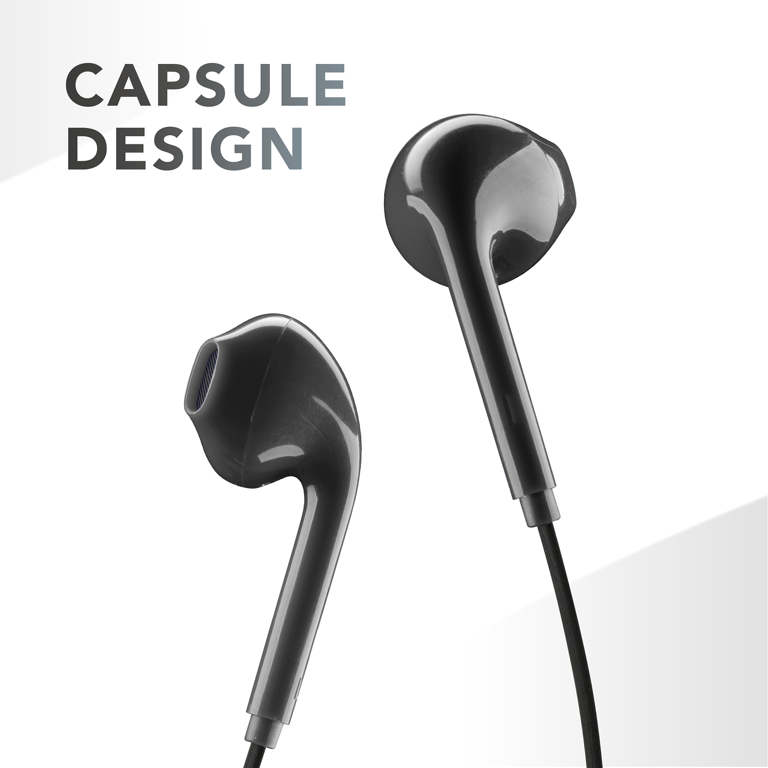 Dos auriculares negros sobre un fondo blanco. El texto 'CAPSULE DESIGN' está en la esquina superior izquierda.
