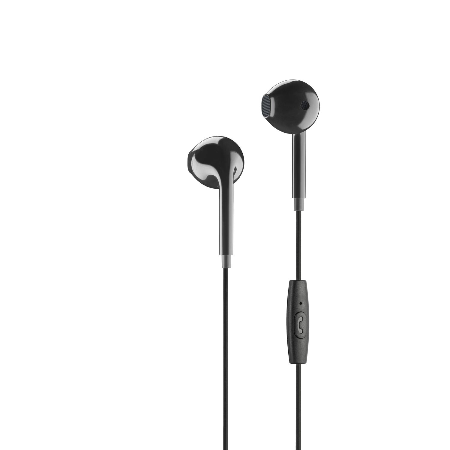 Auriculares internos negros con control remoto, sobre fondo blanco. Auriculares y cable enfocados.