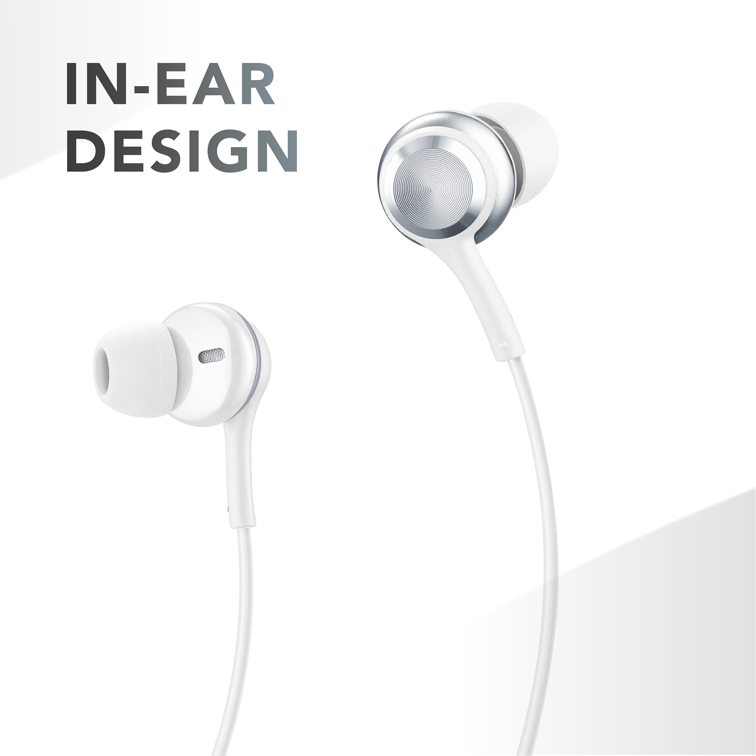 Dos auriculares internos blancos con detalles plateados. El texto 'IN-EAR DESIGN' está en la parte superior izquierda.