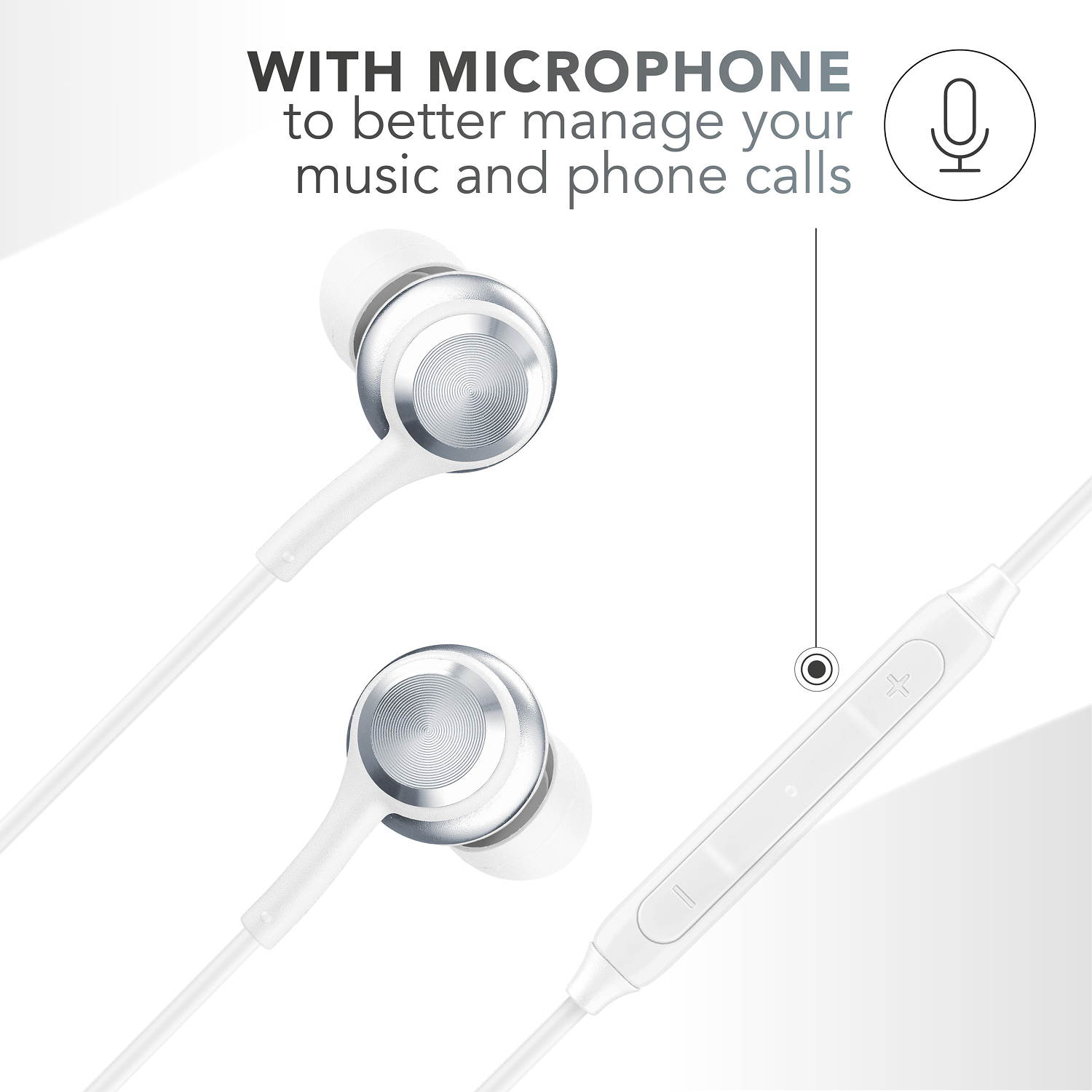 Auriculares blancos con detalles plateados, botones de control y micrófono. Texto: CON MICRÓFONO para gestionar mejor tu música y llamadas.