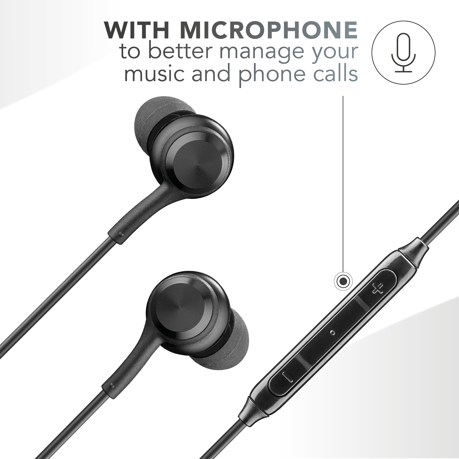 Auriculares negros con micrófono. Incluye control de volumen y un símbolo de micrófono junto al texto. El fondo es blanco.