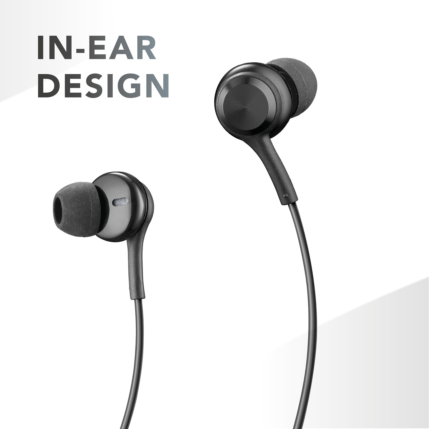 Dos auriculares internos negros. El izquierdo está más cerca, mostrando el auricular y una malla. El derecho está más lejos.