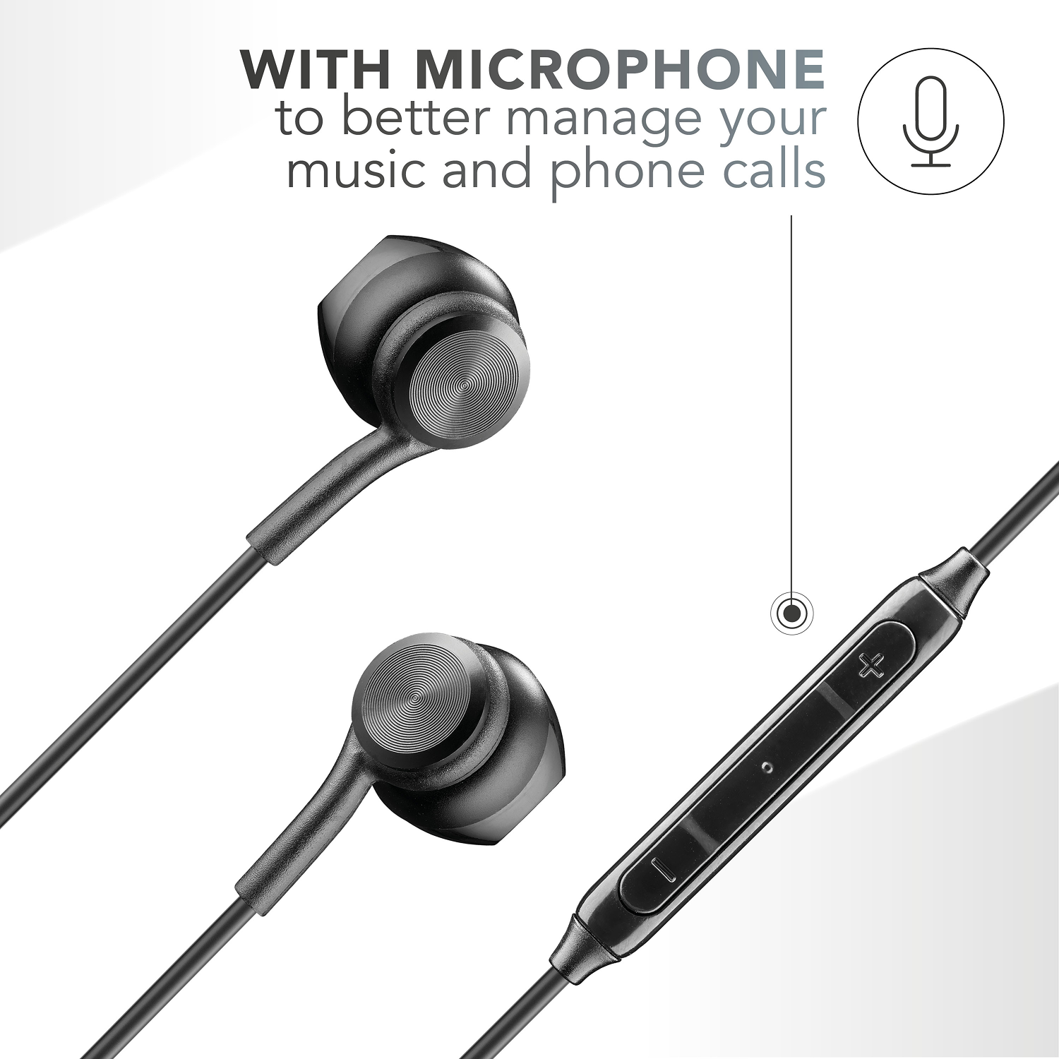 Auriculares negros con control de micrófono. El texto dice: CON MICRÓFONO para administrar mejor tu música y llamadas.